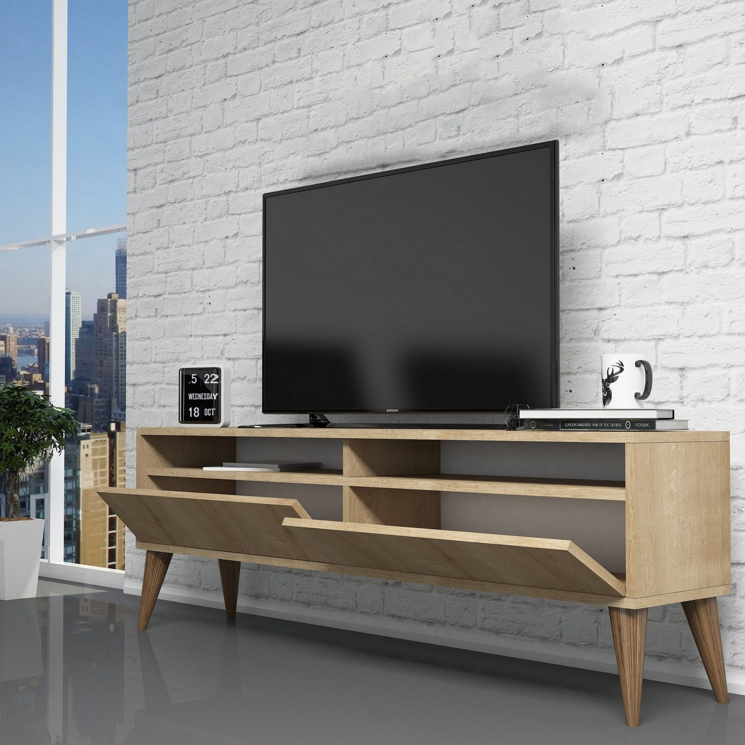 Comoda tv, Hanah Home, pal melaminat, stejar, 150x50x30 cm, 845HCT5510 — imaginea 4