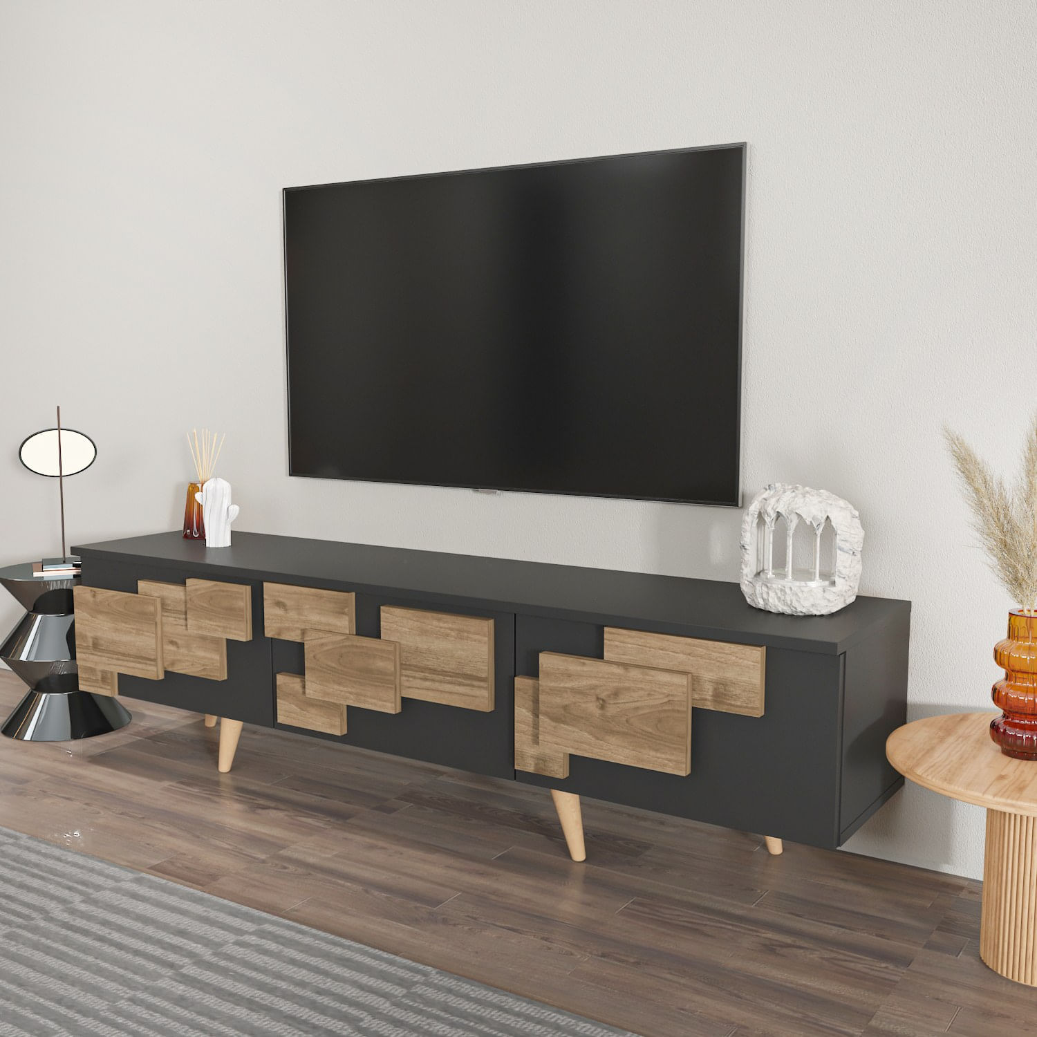 Comoda tv, Hanah Home, pal melaminat, antracit si nuc, 160x45x35 cm — imaginea 2