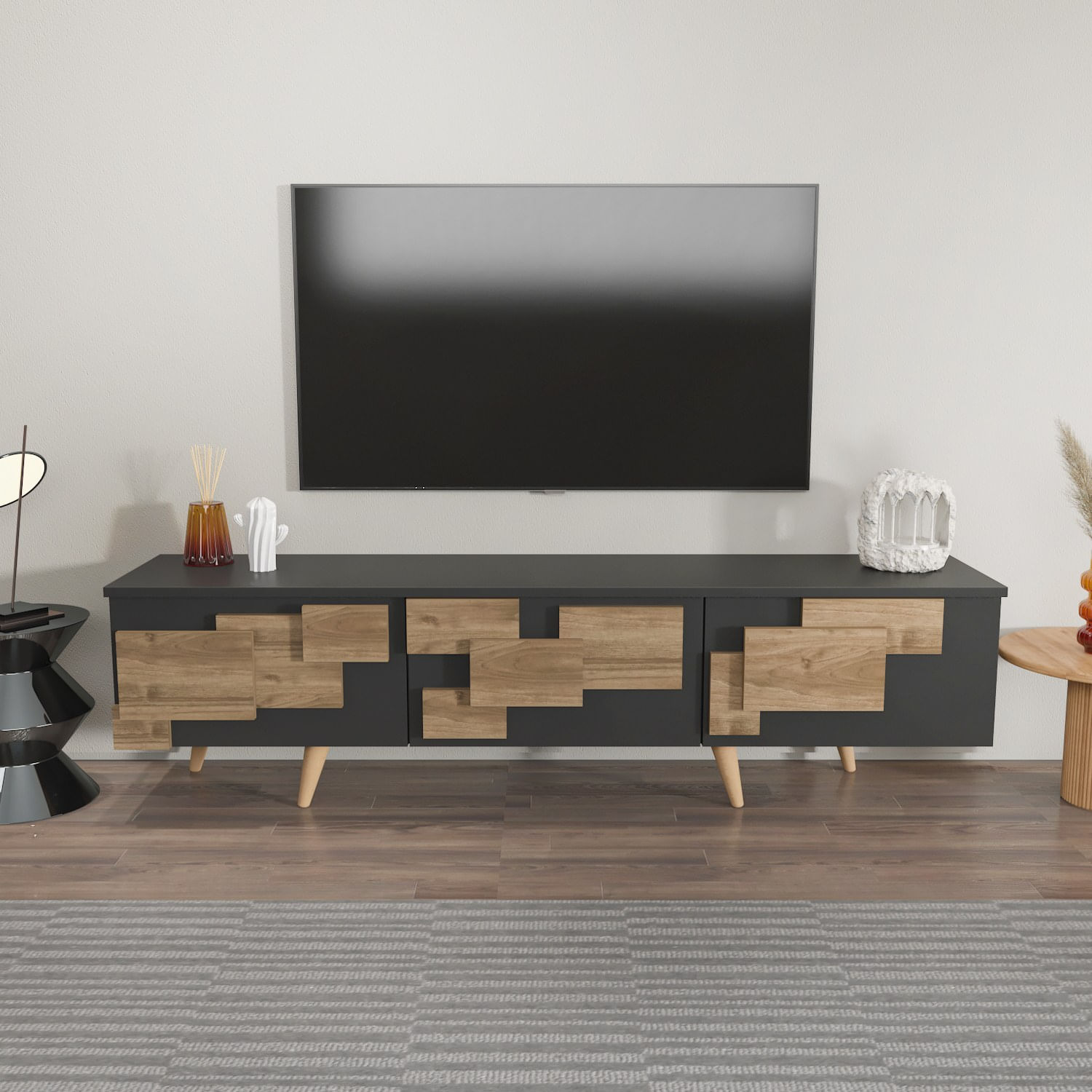 Comoda tv, Hanah Home, pal melaminat, antracit si nuc, 160x45x35 cm — imaginea 5