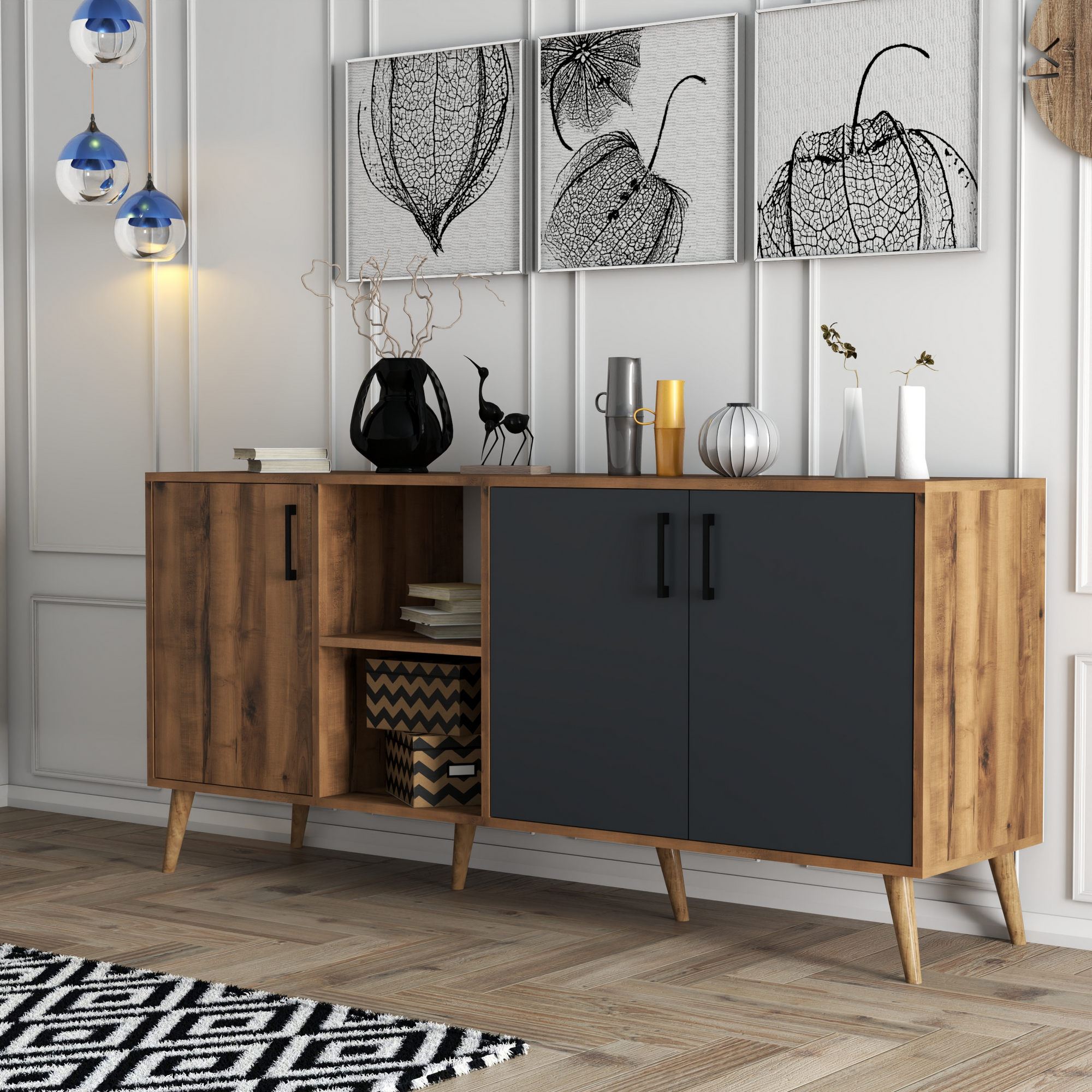 Consola, Hanah Home, PAL melaminat, nuc si antracit, 180x45x80 cm — imaginea 6