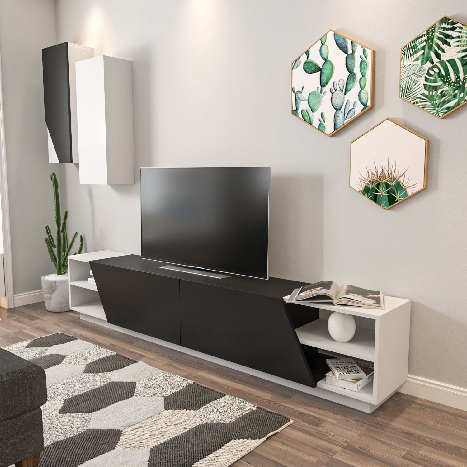 Comoda tv, Hanah Home, pal melaminat, alb-negru, 240x47x37.5 cm — imaginea 2