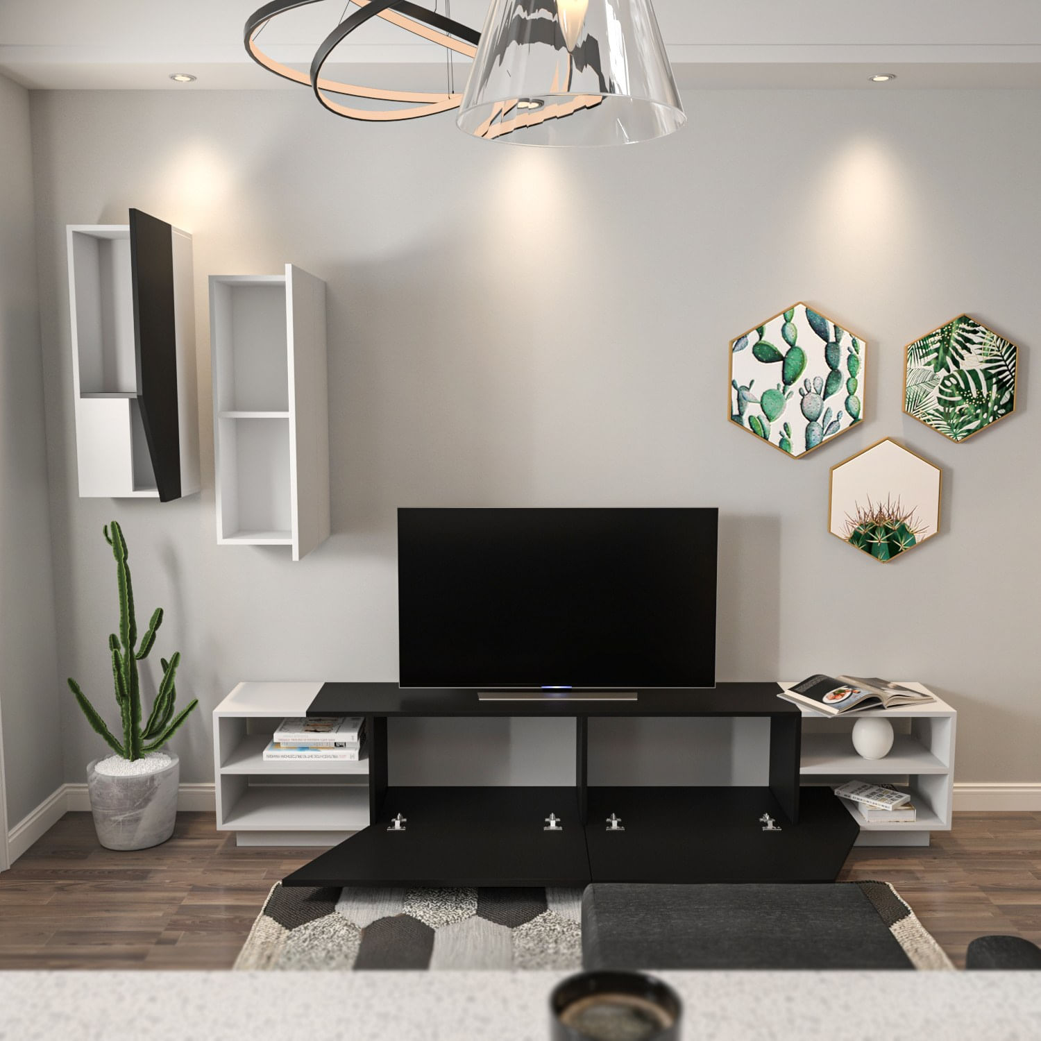 Comoda tv, Hanah Home, pal melaminat, alb-negru, 240x47x37.5 cm — imaginea 5