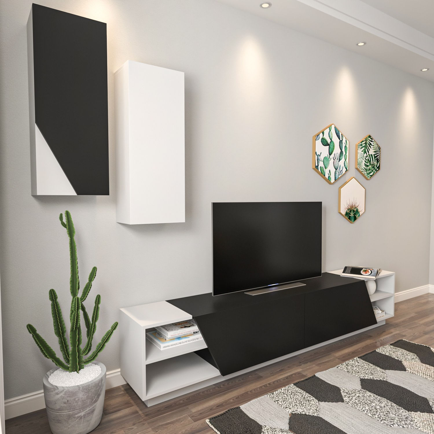 Comoda tv, Hanah Home, pal melaminat, alb-negru, 240x47x37.5 cm — imaginea 6