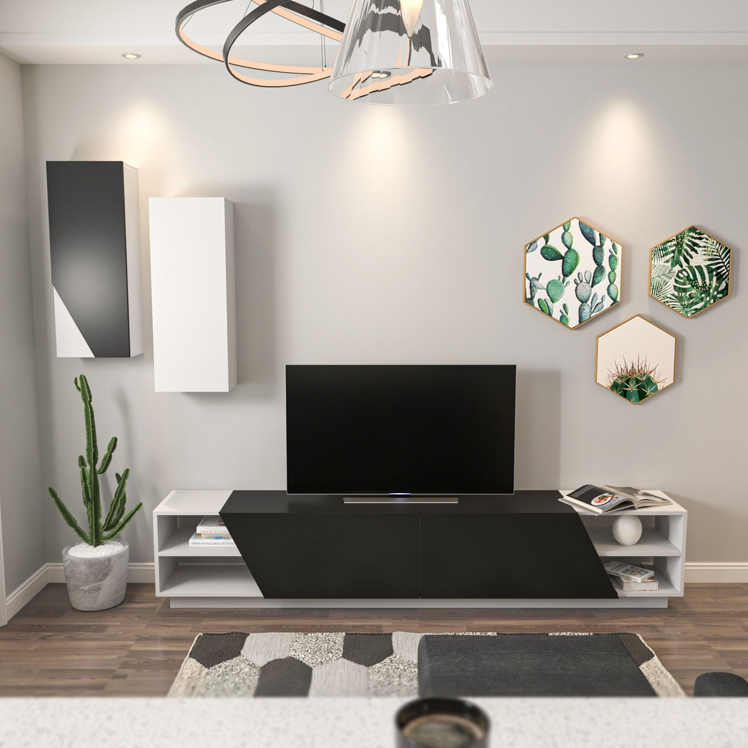 Comoda tv, Hanah Home, pal melaminat, alb-negru, 240x47x37.5 cm — imaginea 7