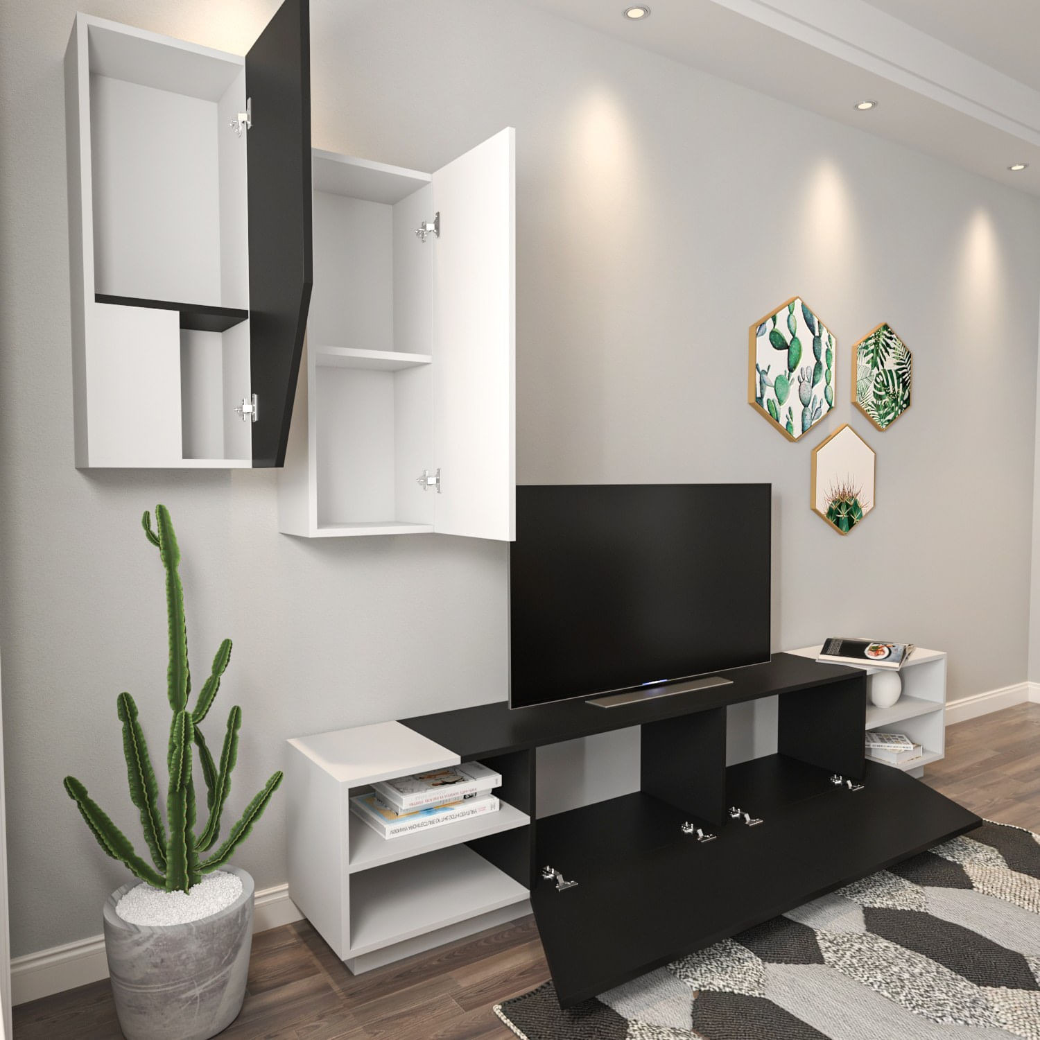 Comoda tv, Hanah Home, pal melaminat, alb-negru, 240x47x37.5 cm — imaginea 8