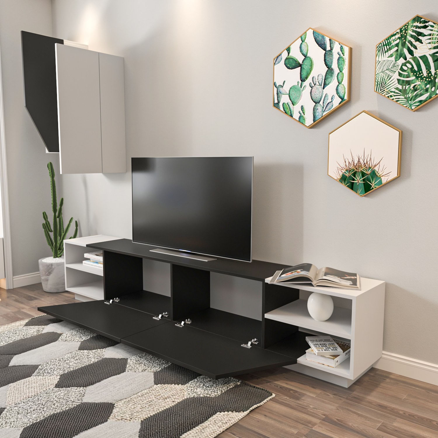 Comoda tv, Hanah Home, pal melaminat, alb-negru, 240x47x37.5 cm — imaginea 9