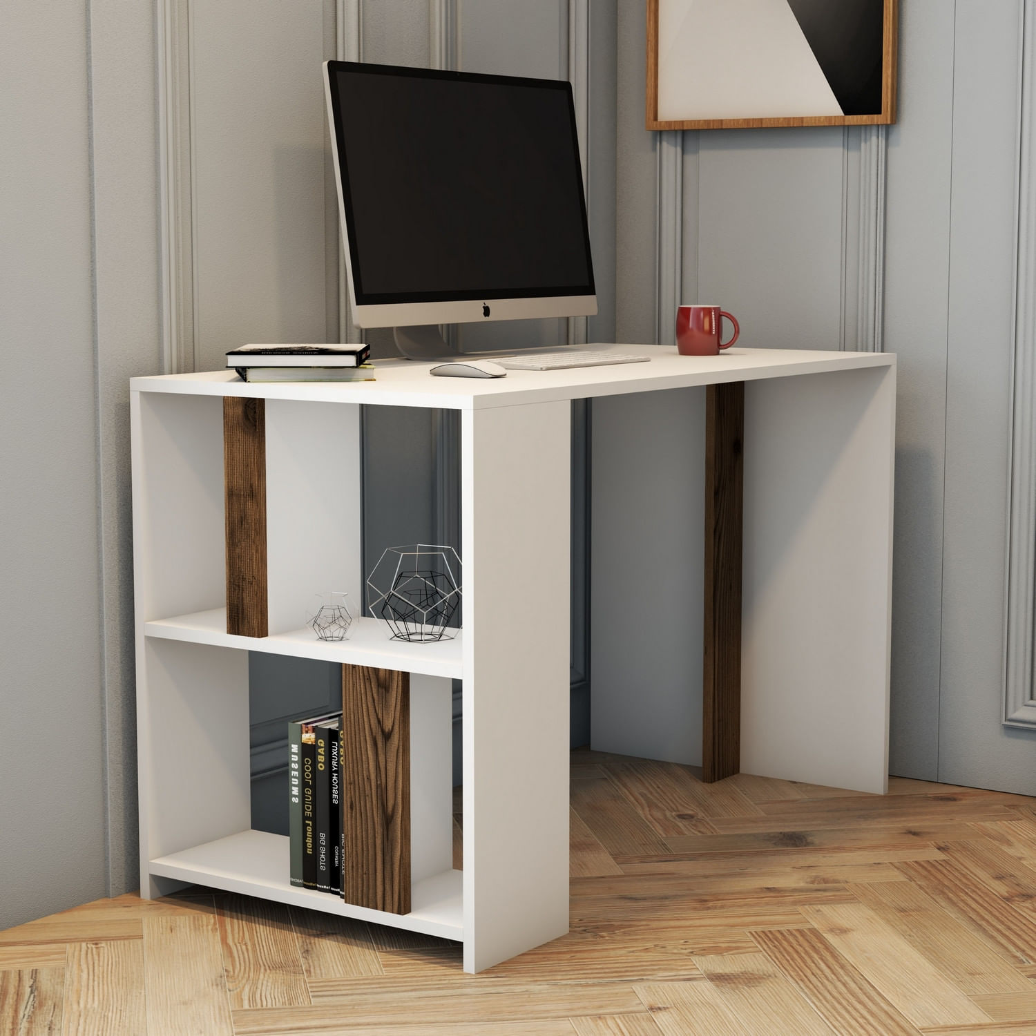 Birou de studiu, Hanah Home, pal melaminat, alb si nuc, 120x60x75.4 cm — imaginea 3