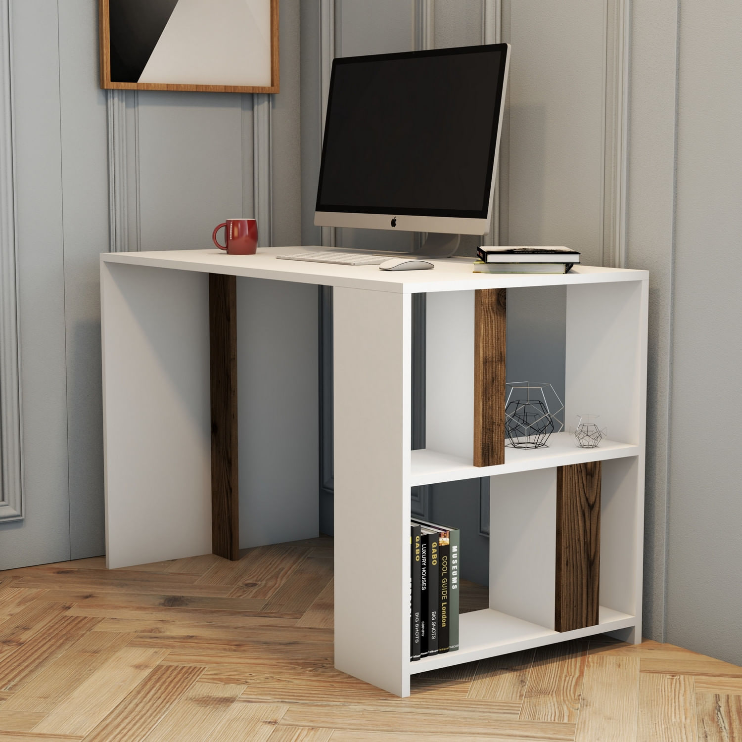 Birou de studiu, Hanah Home, pal melaminat, alb si nuc, 120x60x75.4 cm — imaginea 5