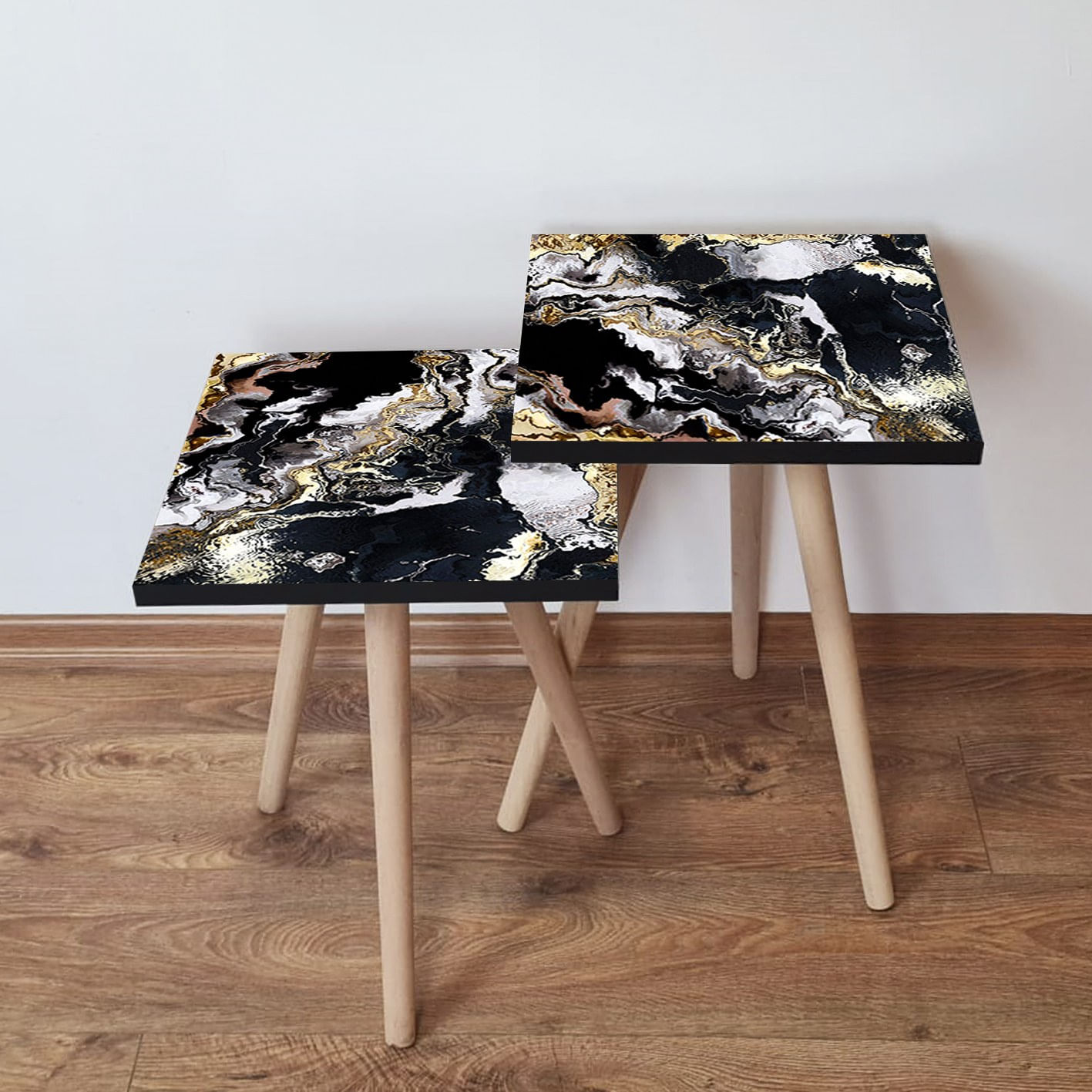 Set masute cuib, Hanah Home, mdf, negru auriu alb, 35x35x47 cm, 481LNA2379