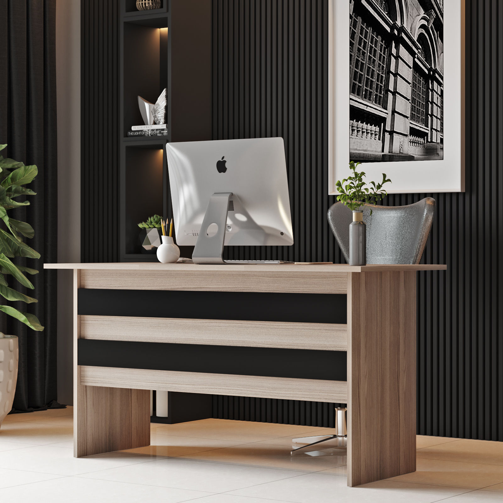 Birou de studiu, Hanah Home, pal melaminat, stejar si negru, 140x60x73.8 cm — imaginea 4