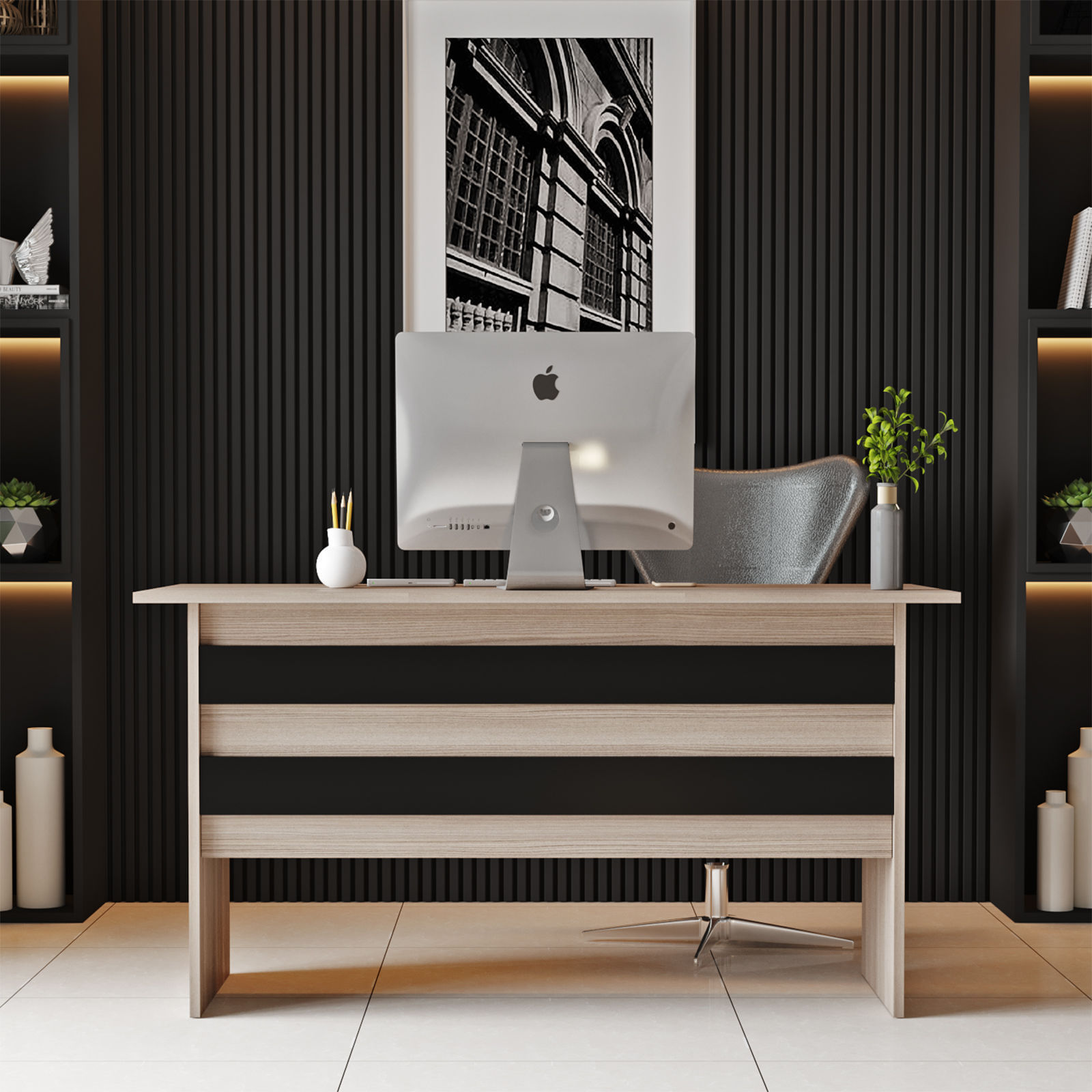 Birou de studiu, Hanah Home, pal melaminat, stejar si negru, 140x60x73.8 cm — imaginea 5