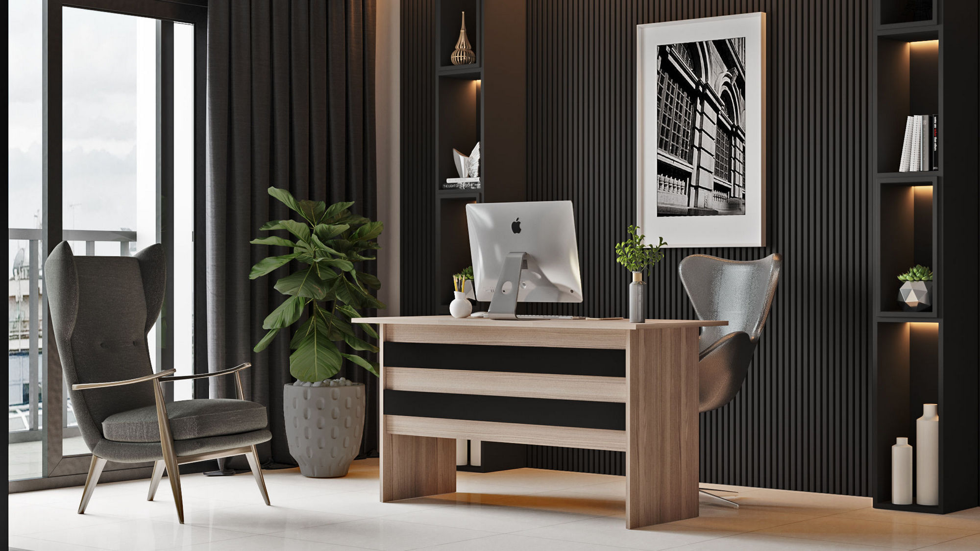 Birou de studiu, Hanah Home, pal melaminat, stejar si negru, 140x60x73.8 cm — imaginea 6