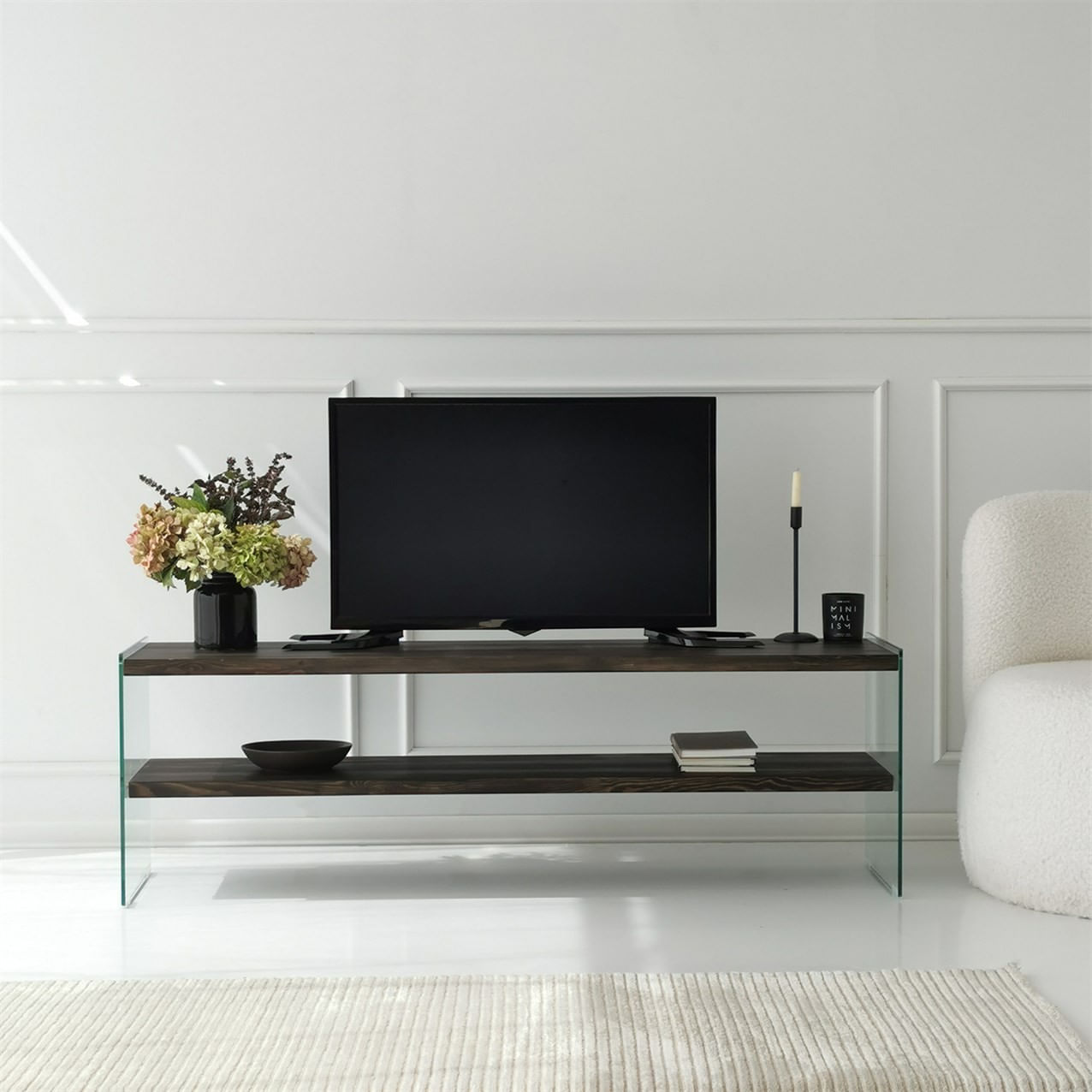 Comoda tv, Hanah Home, lemn masiv, sticla securizata, antracit, 140x45x35 cm — imaginea 3