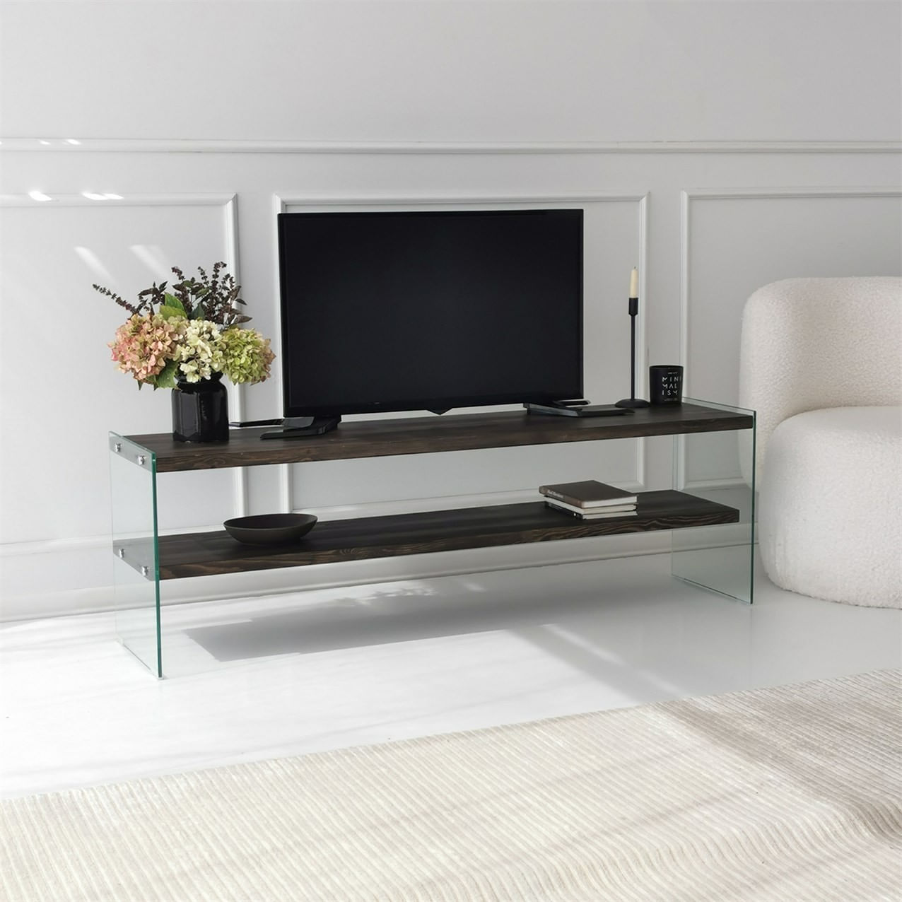 Comoda tv, Hanah Home, lemn masiv, sticla securizata, antracit, 140x45x35 cm — imaginea 6