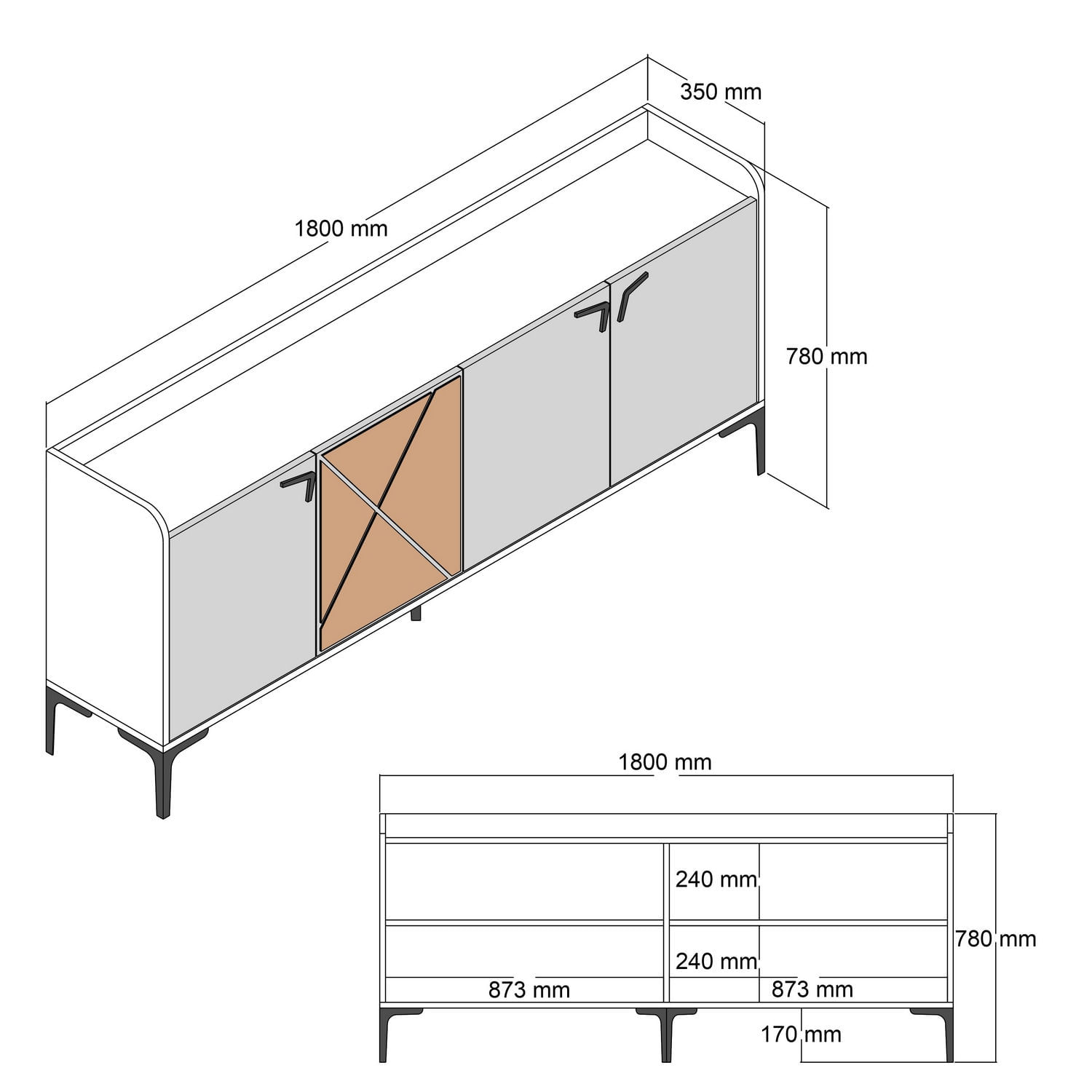 Consola, Hanah Home, panou din particule acoperit cu melamina, nuc si negru, 180x35x78 cm