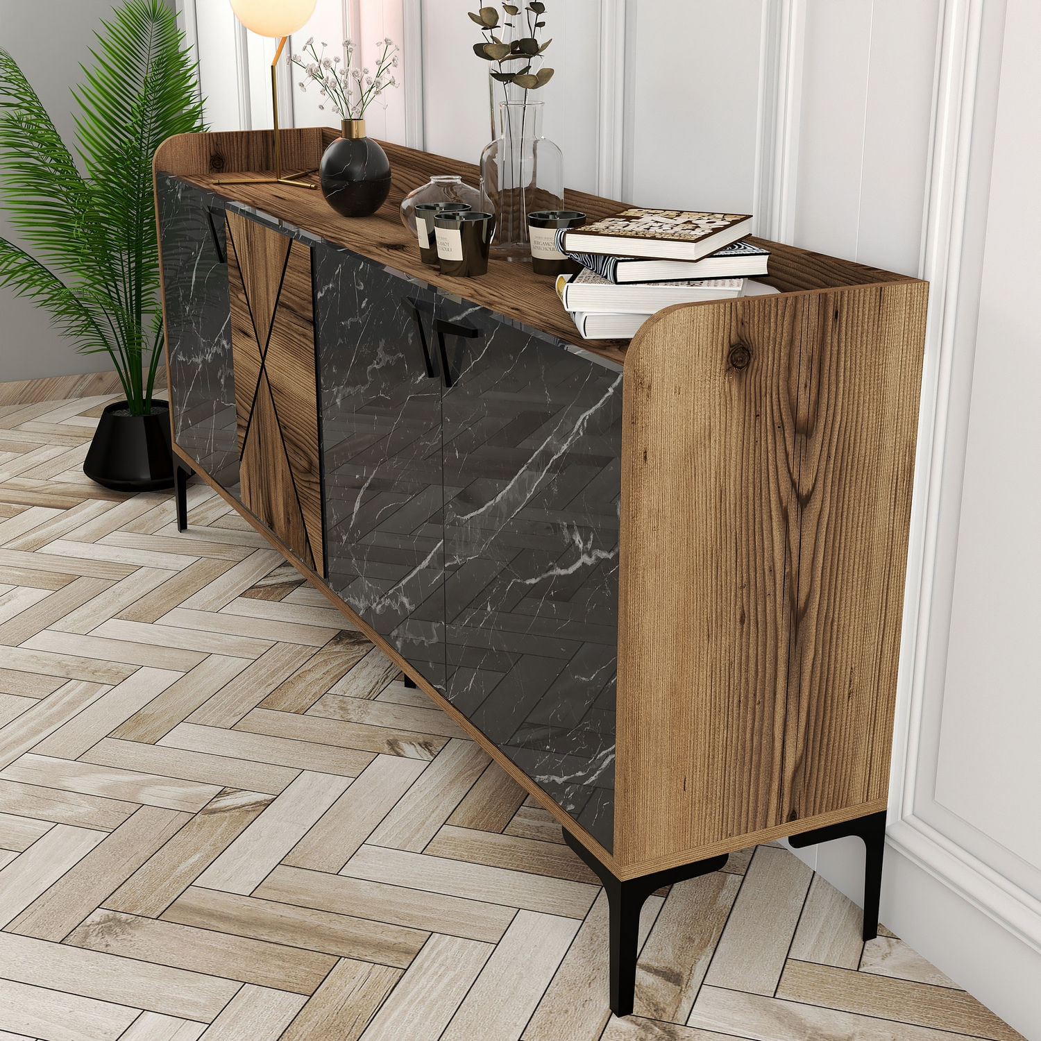 Consola, Hanah Home, panou din particule acoperit cu melamina, nuc si negru, 180x35x78 cm — imaginea 4