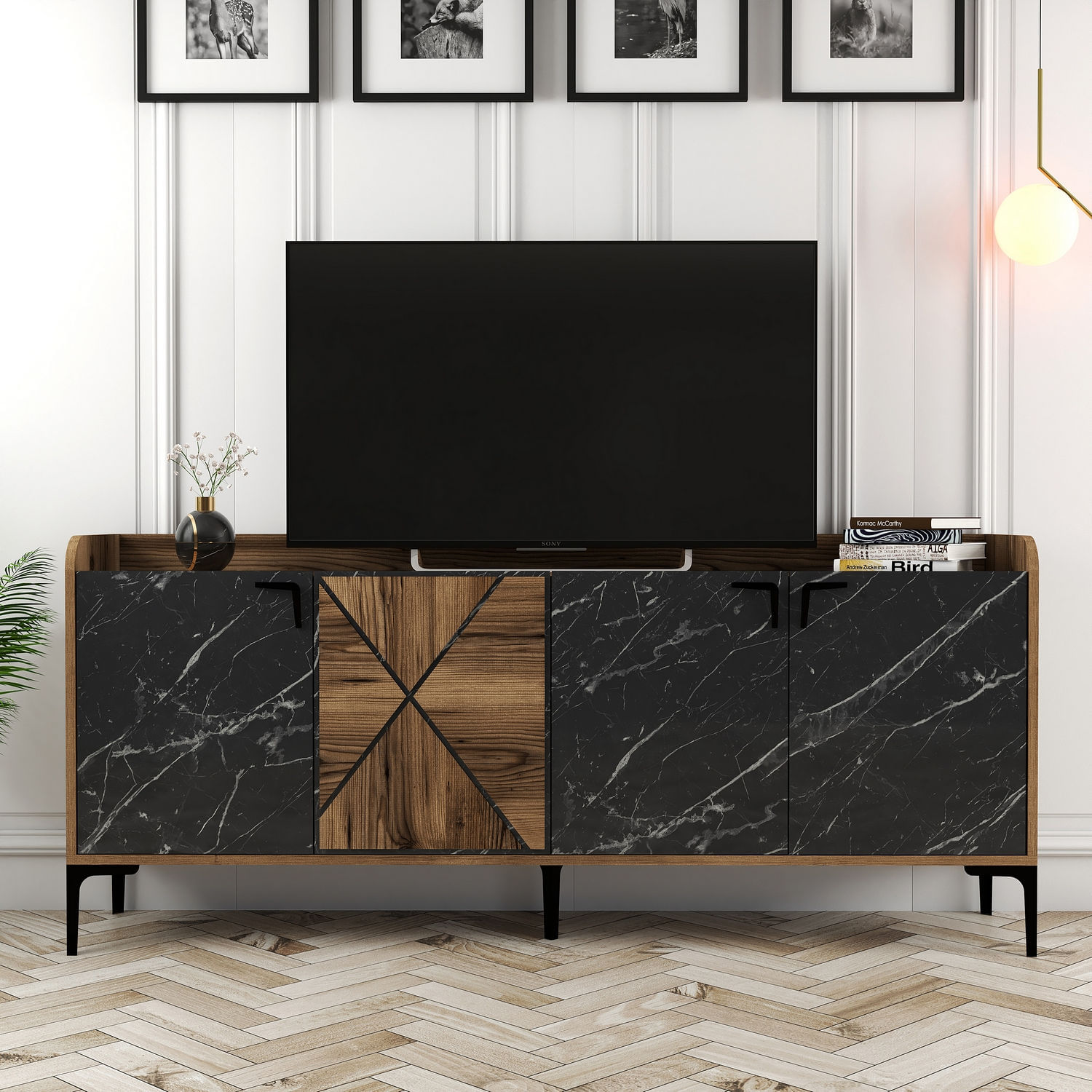 Consola, Hanah Home, panou din particule acoperit cu melamina, nuc si negru, 180x35x78 cm — imaginea 6
