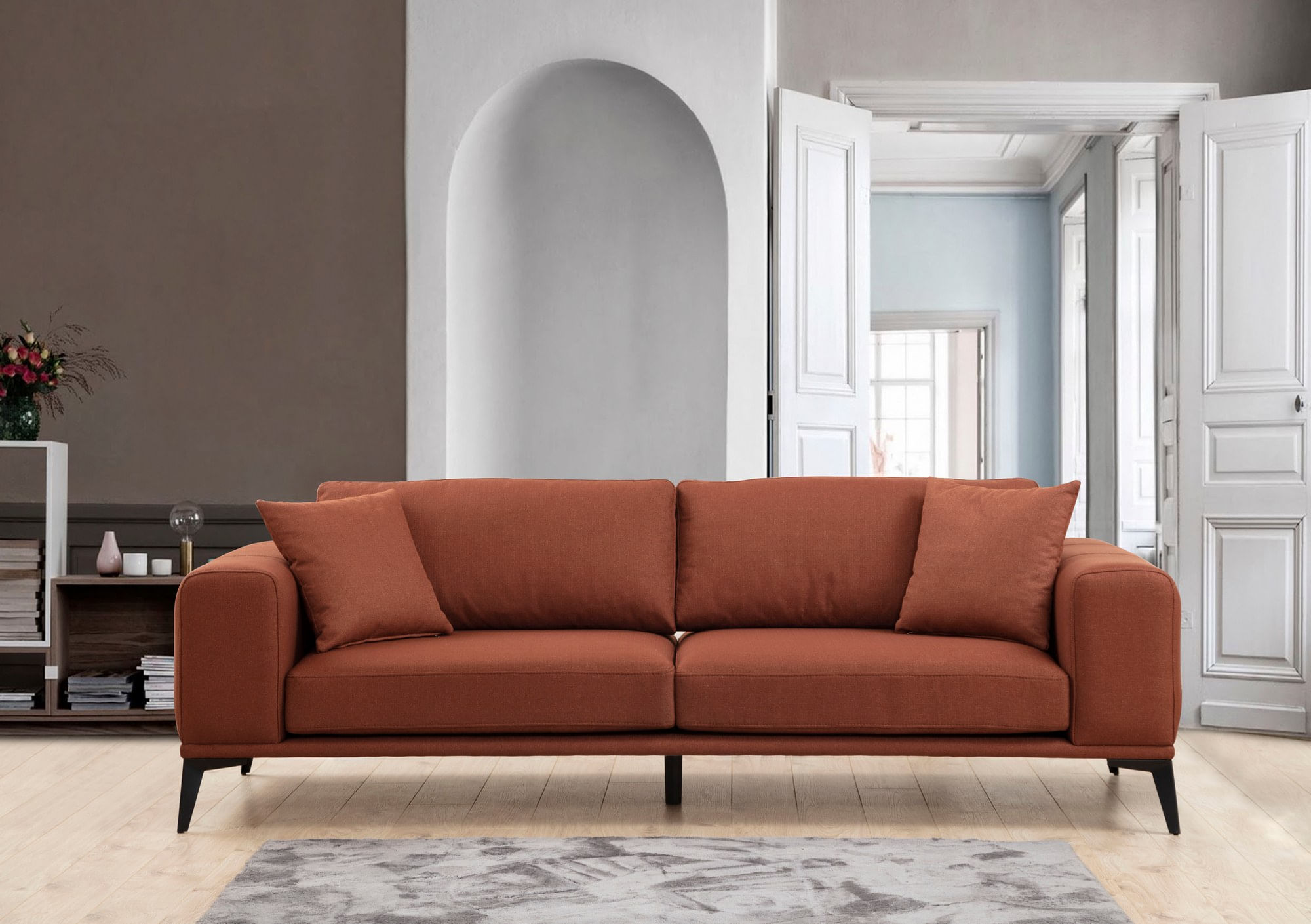 Canapea 3 locuri, Hanah Home, lemn de fag si pal, rosu tigla, 235x90x80 cm — imaginea 5