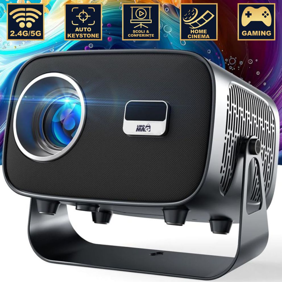 Videoproiector Smart Linomag®, Android 11, 4000 Lumeni, Airplay/Miracast, WiFi 2.4G/5G, Bluetooth 5.2, Argintiu/Negru