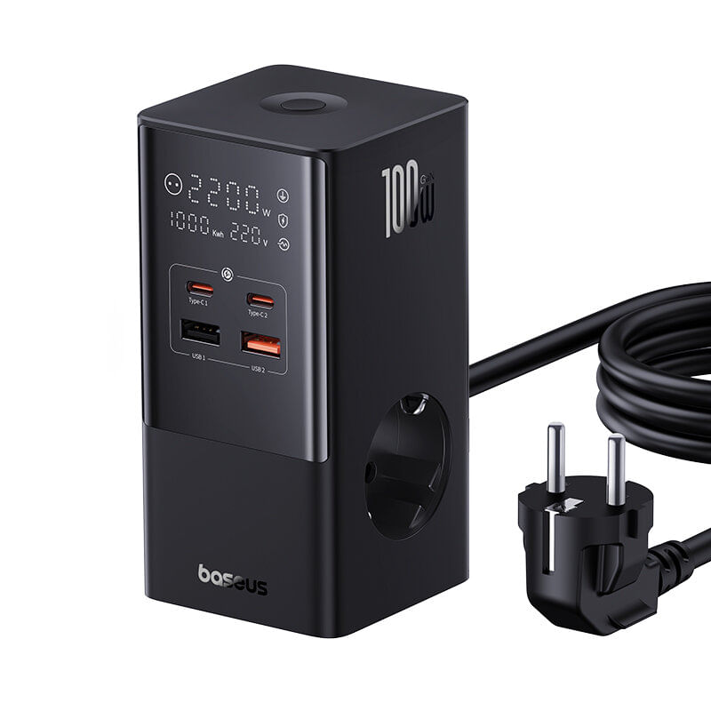 Incarcator de retea Baseus PowerCombo, cu prelungitor, 100W, 2x AC, 2x USB-C, 2x USB-A, 1.5m, Negru