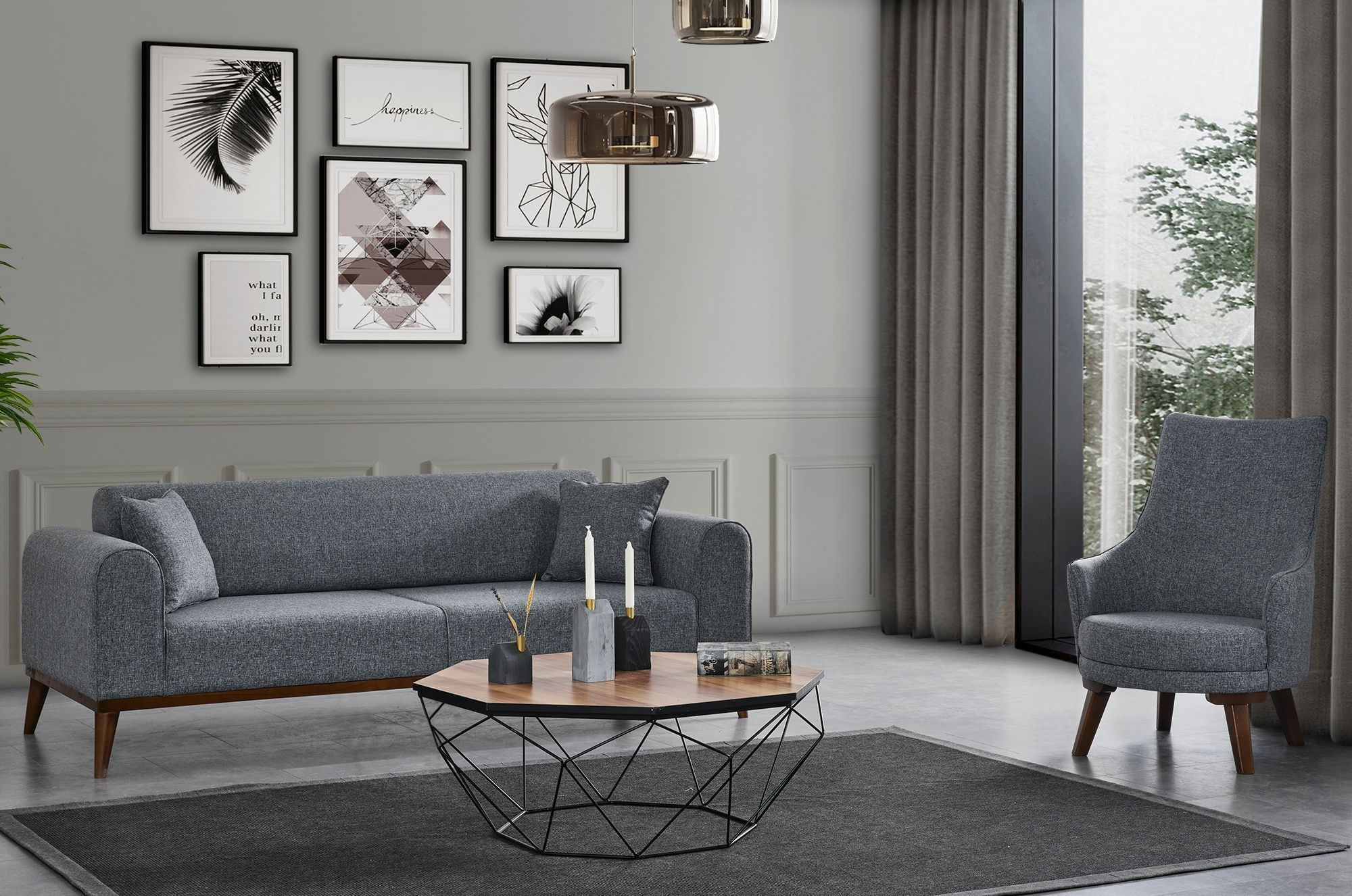 Canapea extensibila 3 locuri, Atelier Del Sofa, lemn fag, gri deschis, 222x90x80 cm — imaginea 2