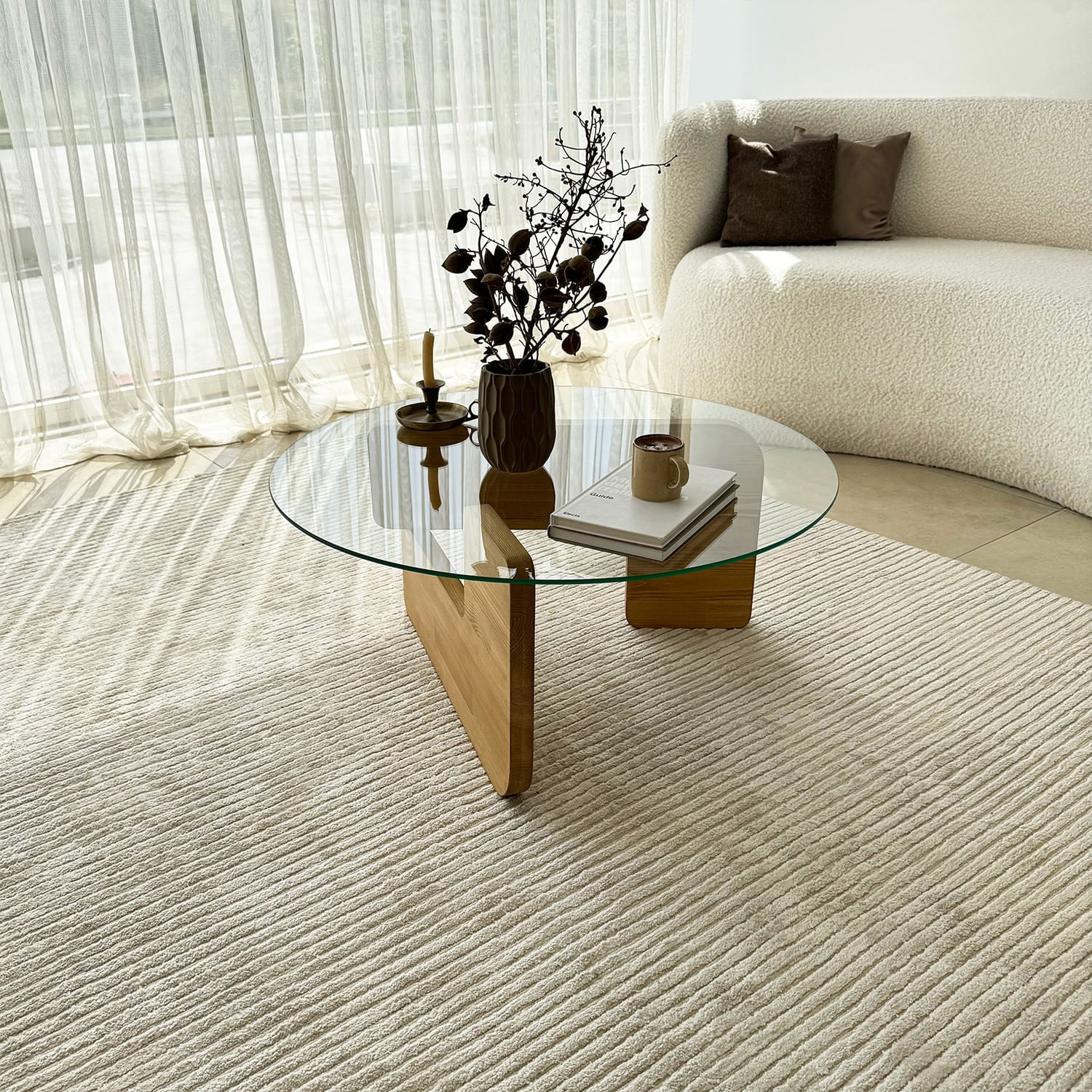 Masuta de cafea, Hanah Home, sticla securizata si lemn masiv, stejar si transparent, 75x35x75 cm — imaginea 3