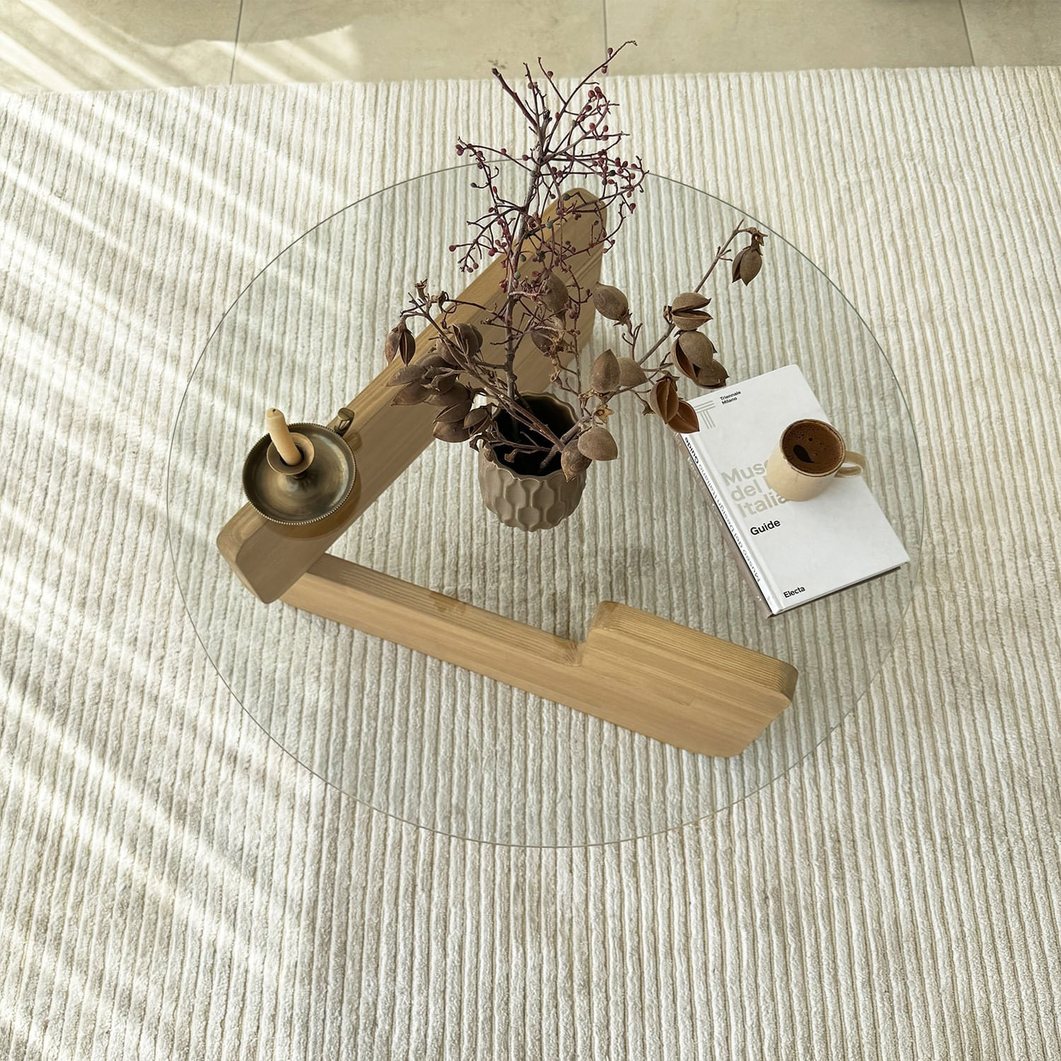 Masuta de cafea, Hanah Home, sticla securizata si lemn masiv, stejar si transparent, 75x35x75 cm — imaginea 4