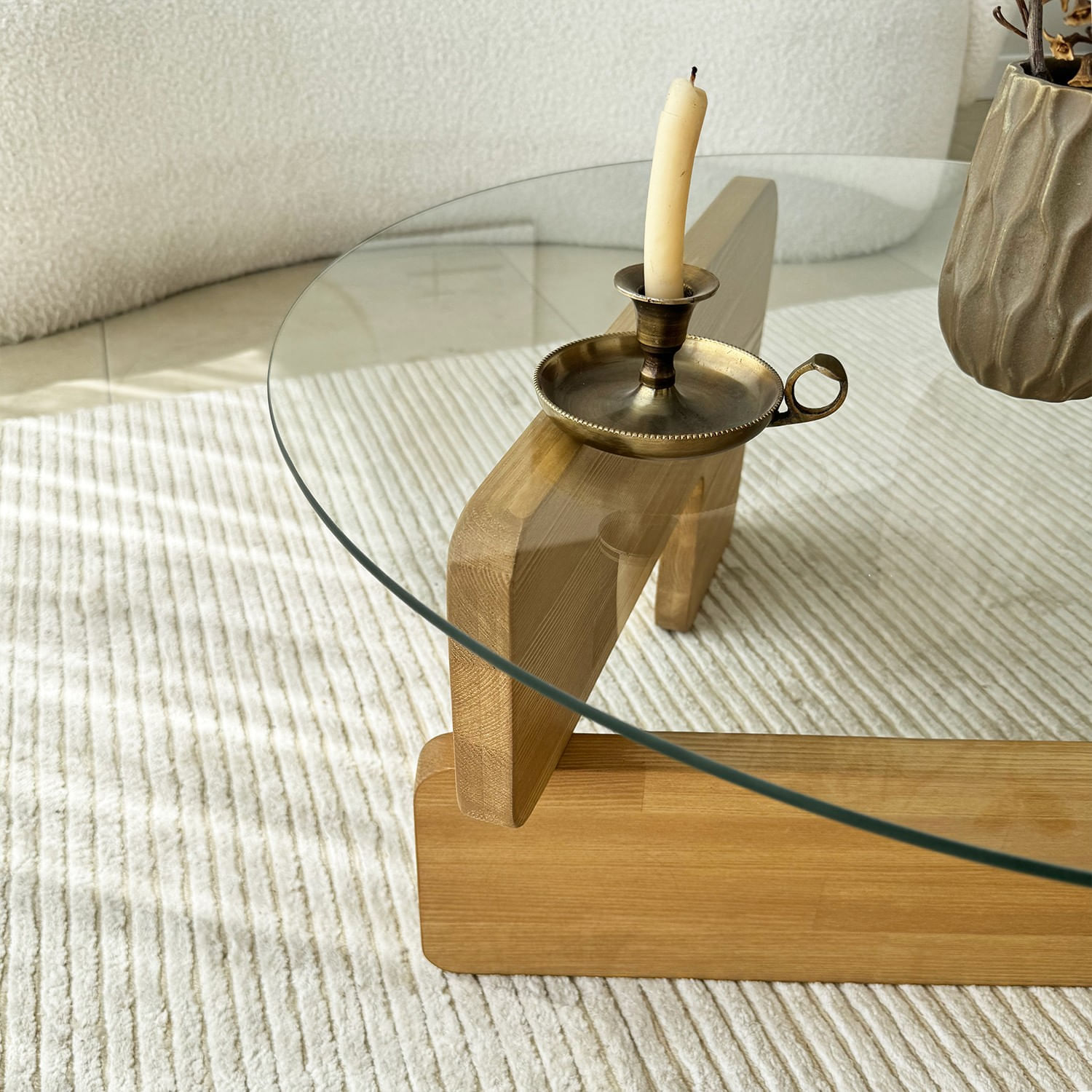 Masuta de cafea, Hanah Home, sticla securizata si lemn masiv, stejar si transparent, 75x35x75 cm — imaginea 5