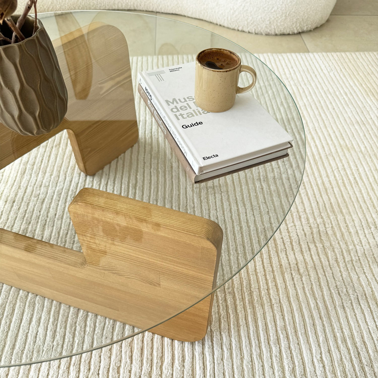 Masuta de cafea, Hanah Home, sticla securizata si lemn masiv, stejar si transparent, 75x35x75 cm — imaginea 6