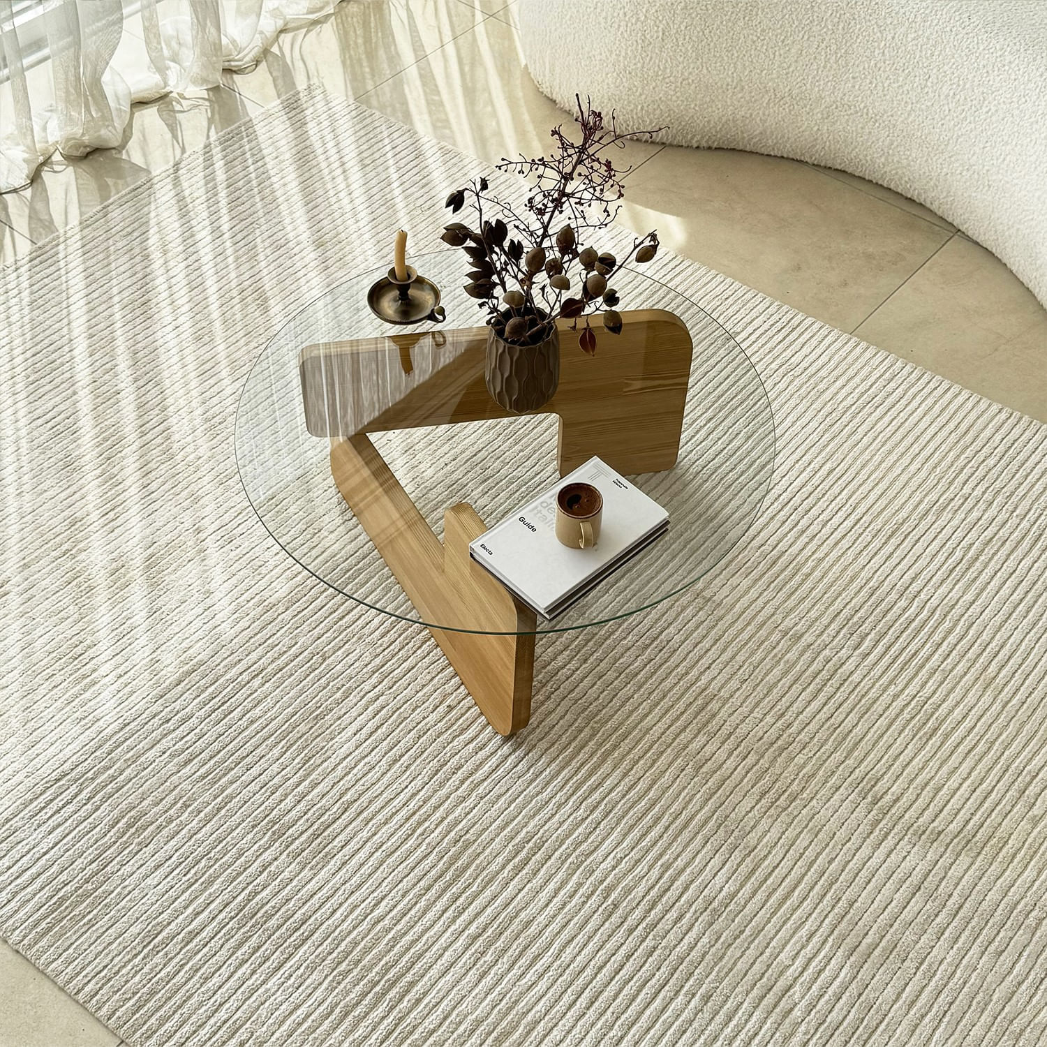 Masuta de cafea, Hanah Home, sticla securizata si lemn masiv, stejar si transparent, 75x35x75 cm — imaginea 7