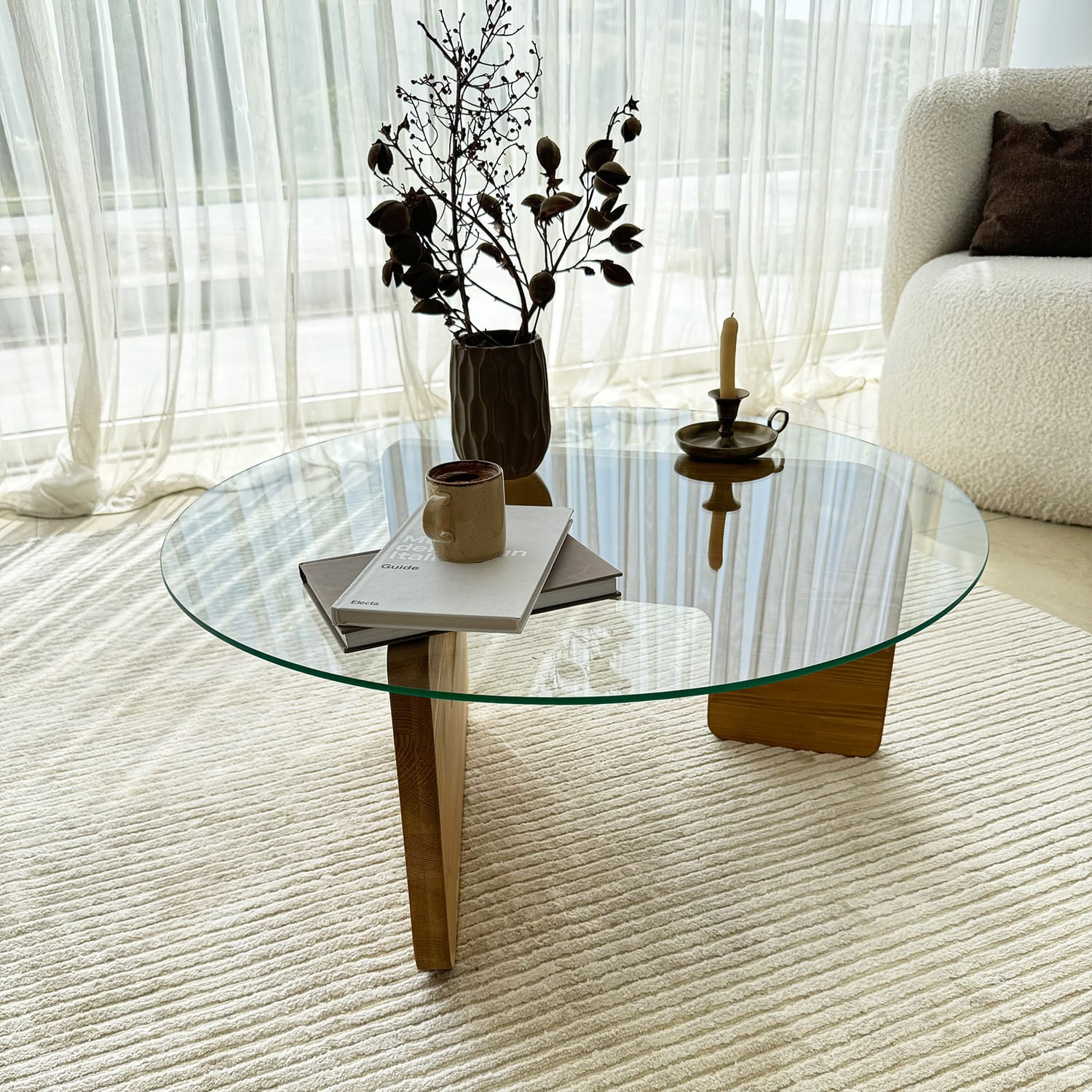Masuta de cafea, Hanah Home, sticla securizata si lemn masiv, stejar si transparent, 75x35x75 cm — imaginea 8
