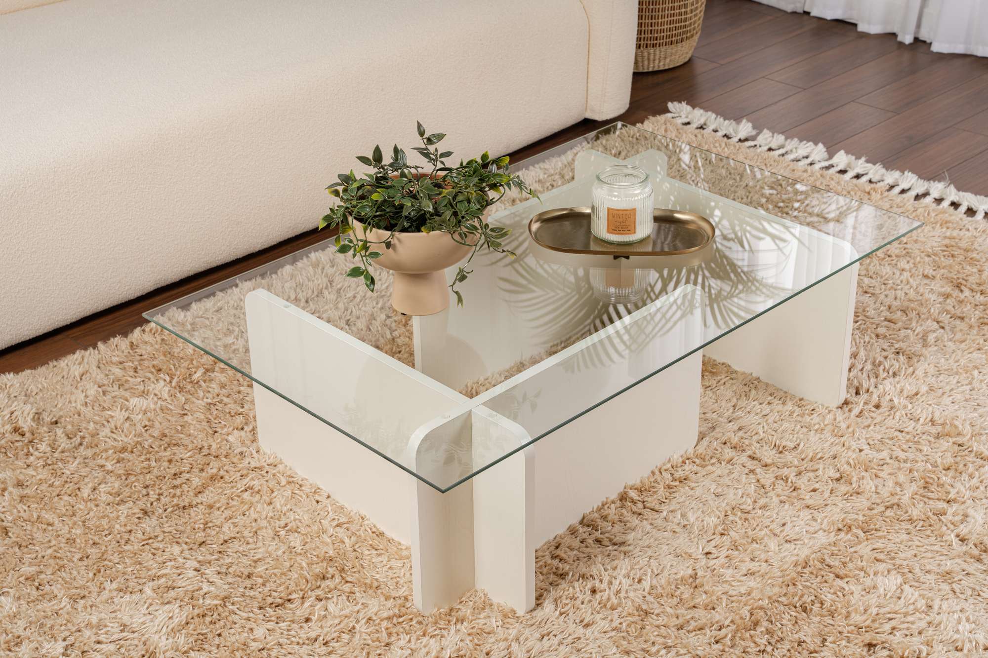 Masuta de cafea, Hanah Home, lemn cu sticla, alb lemn, 105x65x30 cm — imaginea 2