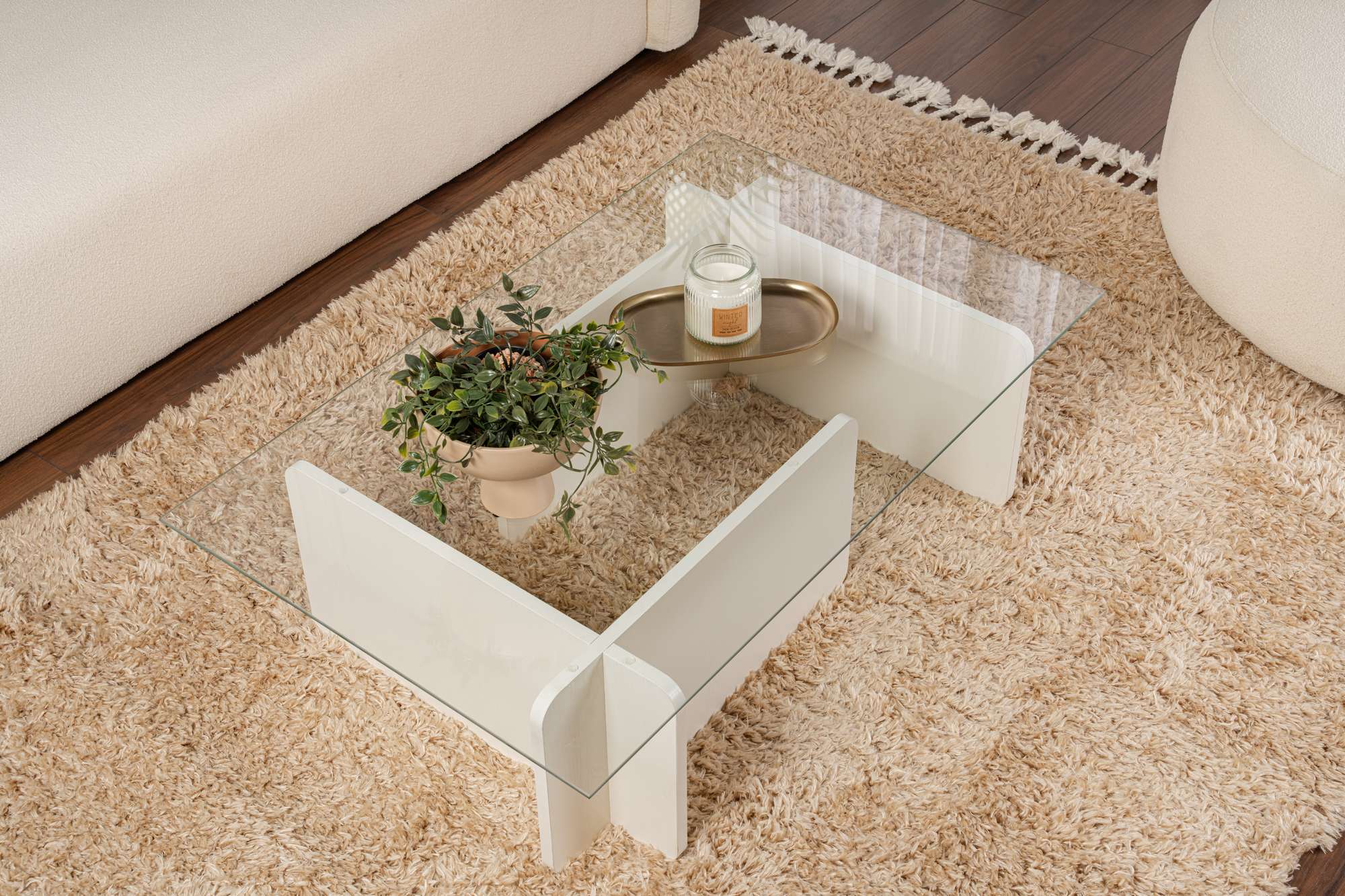 Masuta de cafea, Hanah Home, lemn cu sticla, alb lemn, 105x65x30 cm — imaginea 3