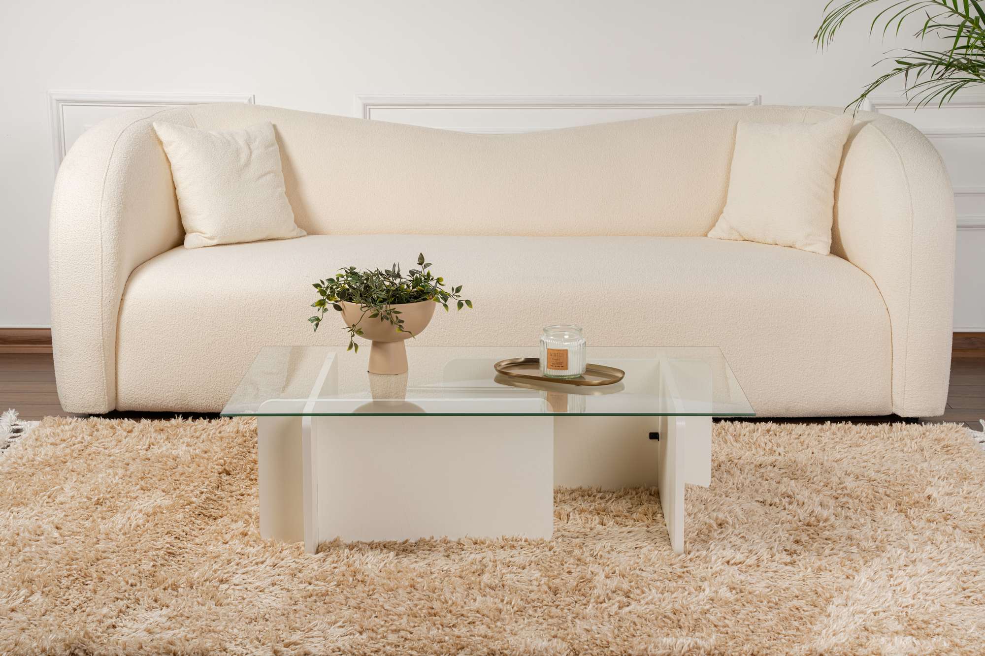 Masuta de cafea, Hanah Home, lemn cu sticla, alb lemn, 105x65x30 cm — imaginea 4