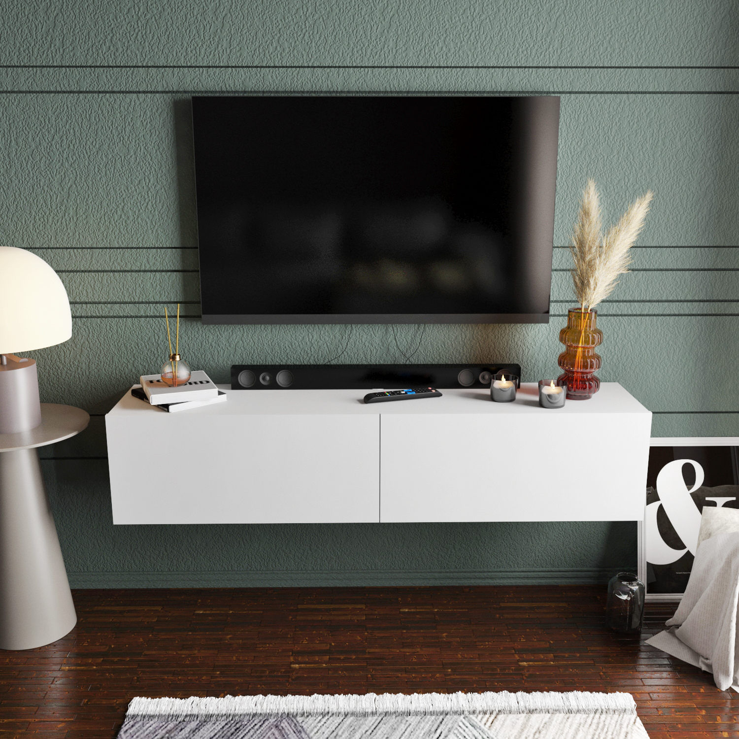 Comoda tv, Hanah Home, pal melaminat, alb, 159.7x36.8x34.1 cm — imaginea 2