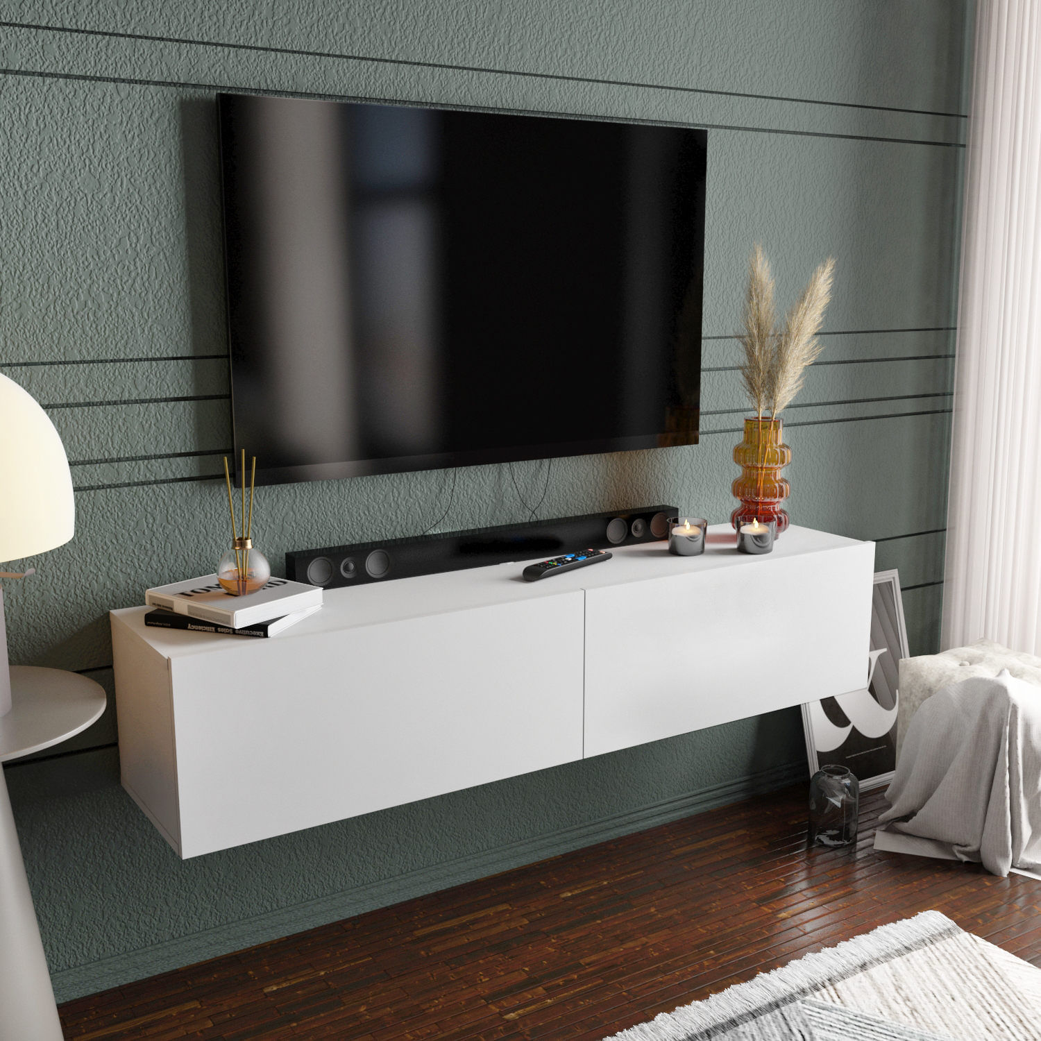 Comoda tv, Hanah Home, pal melaminat, alb, 159.7x36.8x34.1 cm — imaginea 3