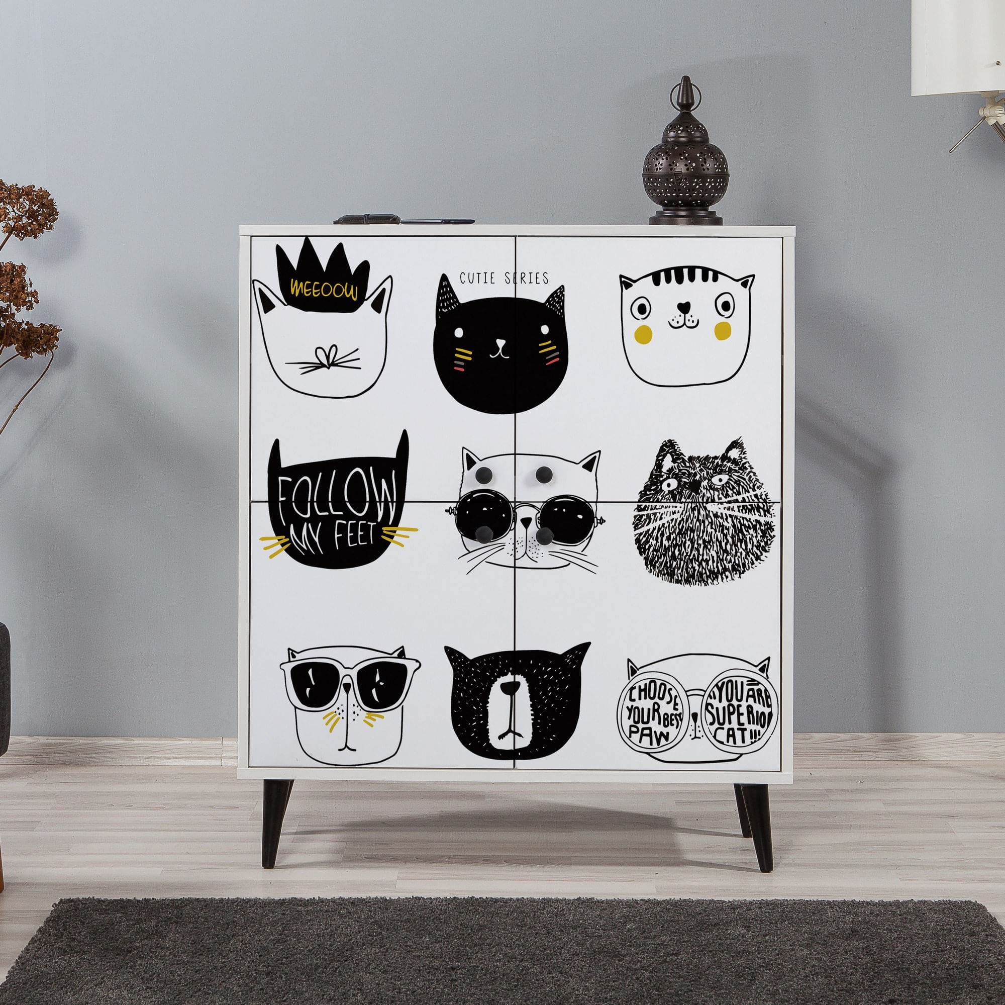 Comoda, Hanah Home, panou de particule melaminat, alb negru galben, 95x36x111 cm — imaginea 4