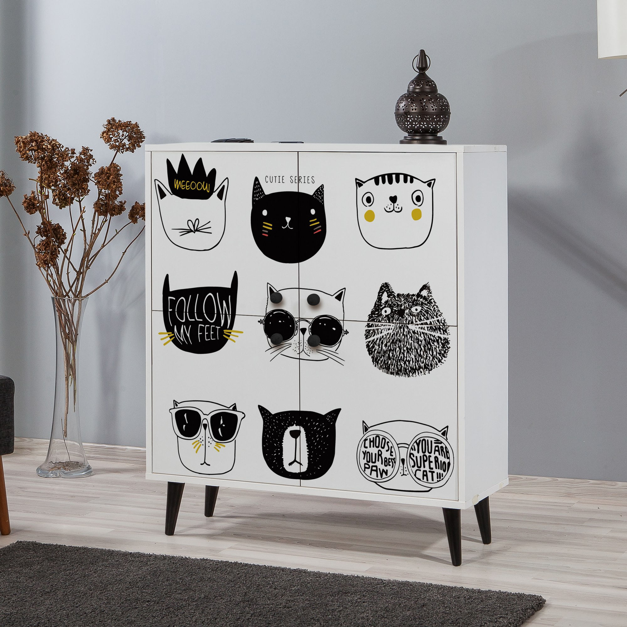 Comoda, Hanah Home, panou de particule melaminat, alb negru galben, 95x36x111 cm — imaginea 6