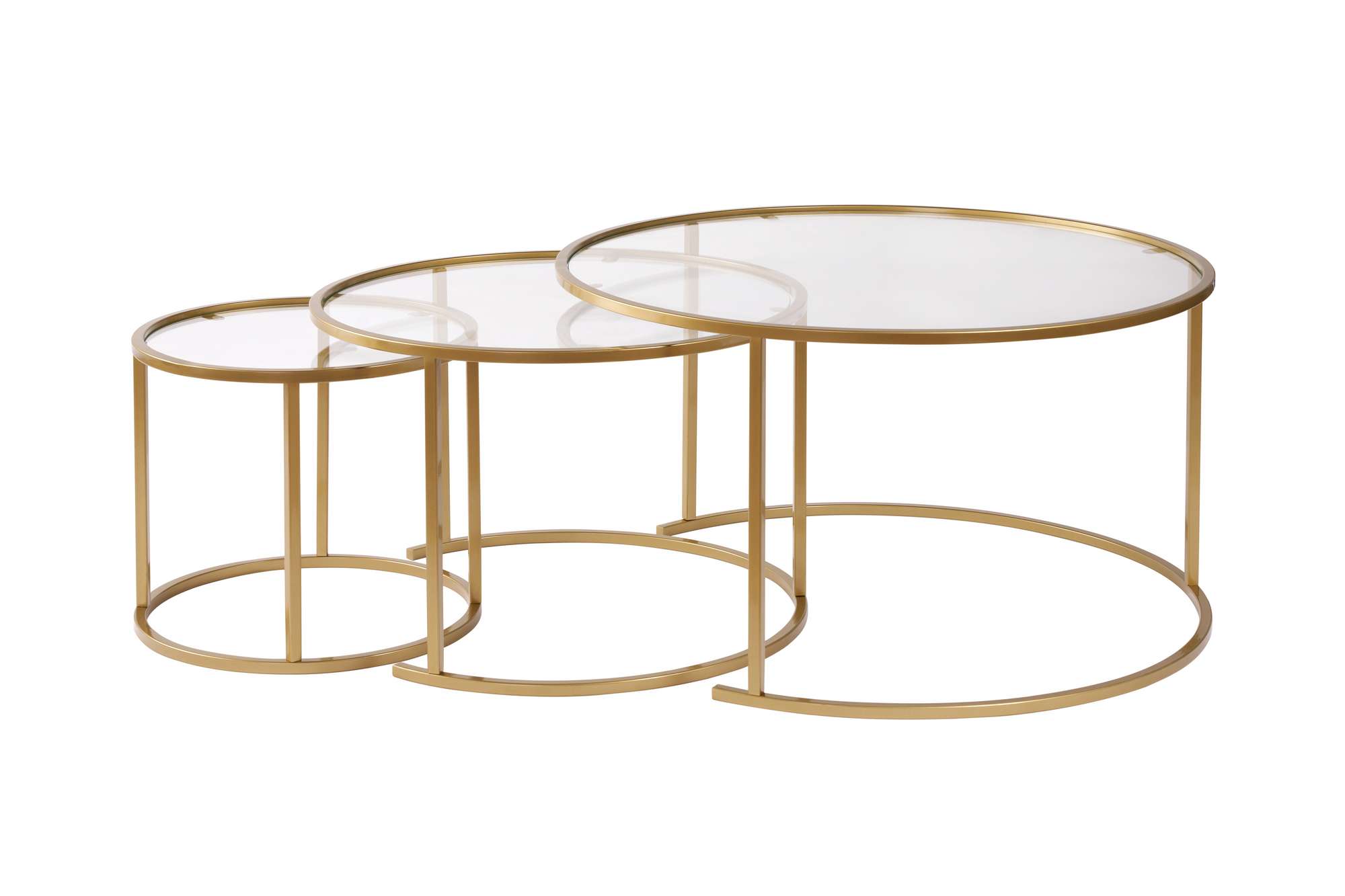 Set masute de cafea, Hanah Home, sticla securizata, metal, auriu, transparent, 80x80x43 cm, 60x60x39 cm, 42x42x35 cm