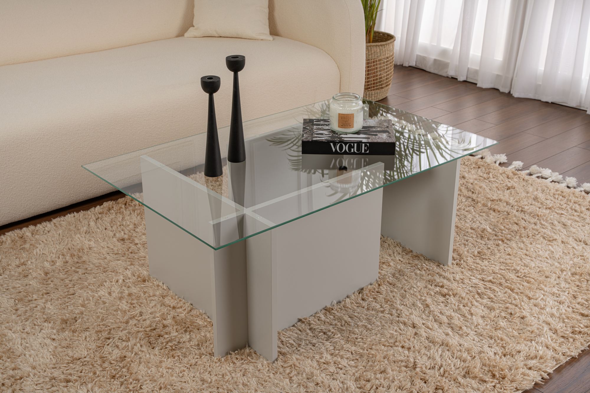 Masuta de cafea, Hanah Home, sticla calita, gri, 105x65x40 cm — imaginea 2