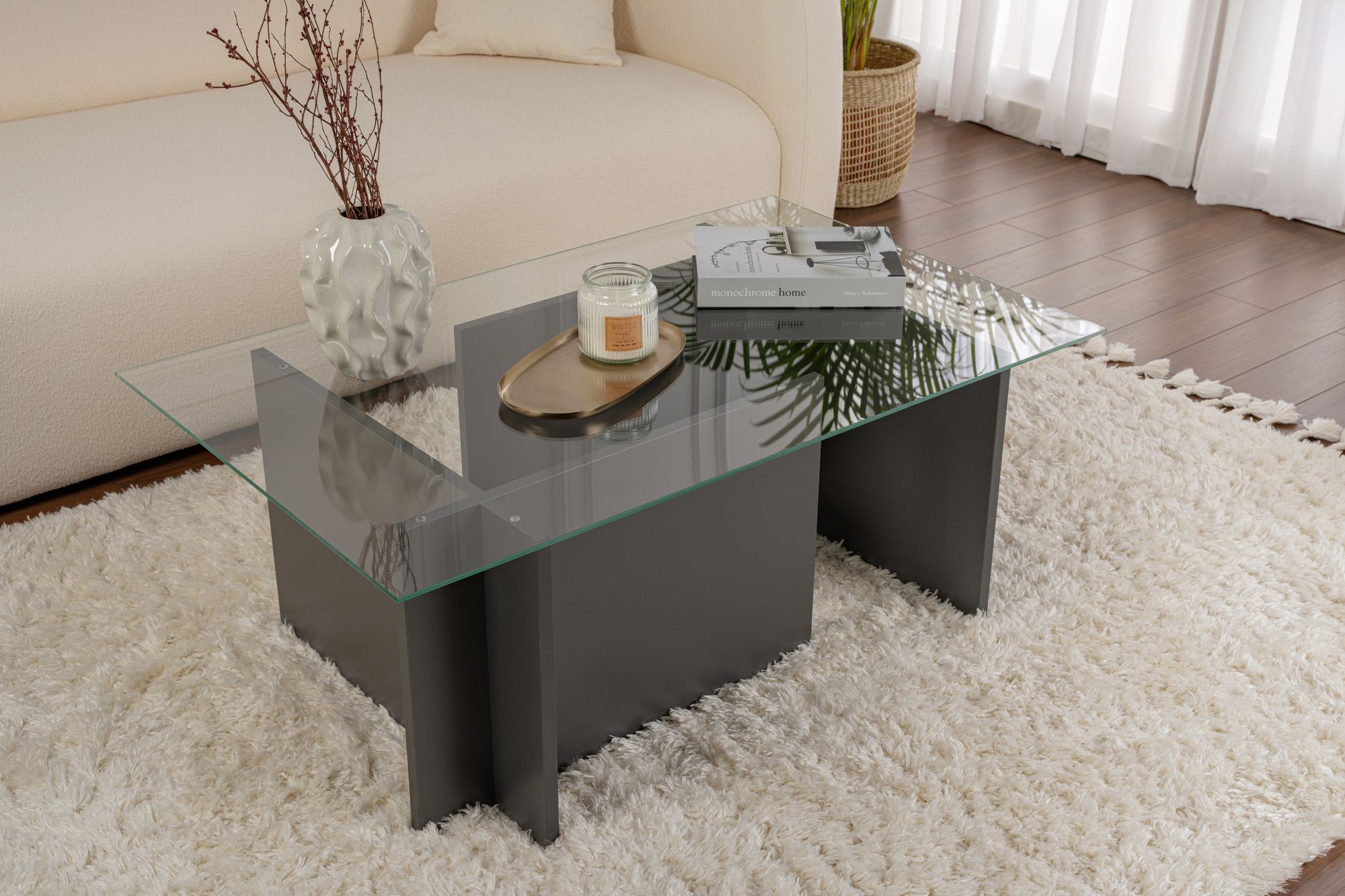 Masuta de cafea, Hanah Home, sticla temperata, antracit, 105x65x40 cm — imaginea 2