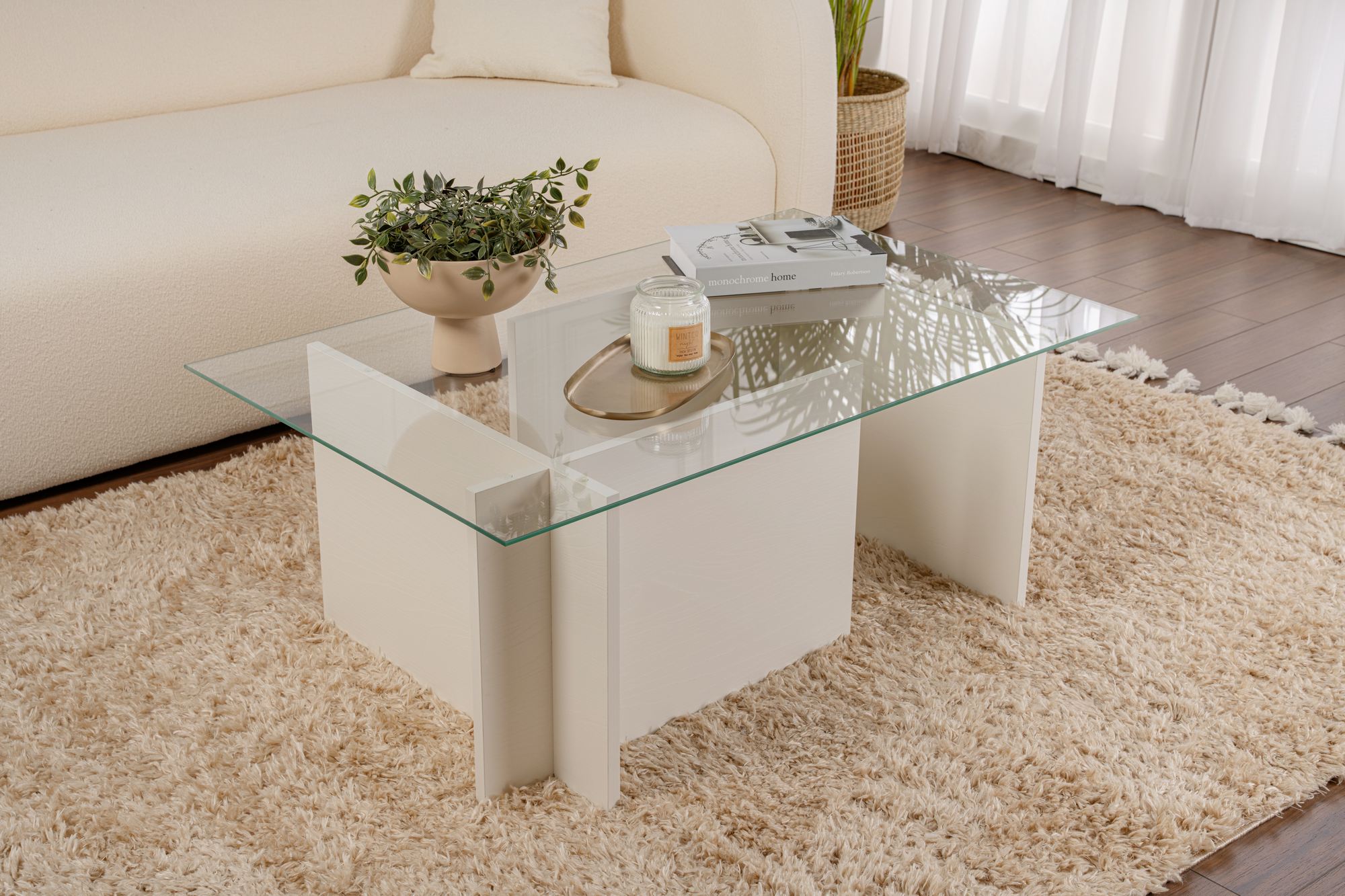 Masa de cafea, Hanah Home, sticla temperata si PAL melaminat, lemn alb, 105x65x40 cm — imaginea 2