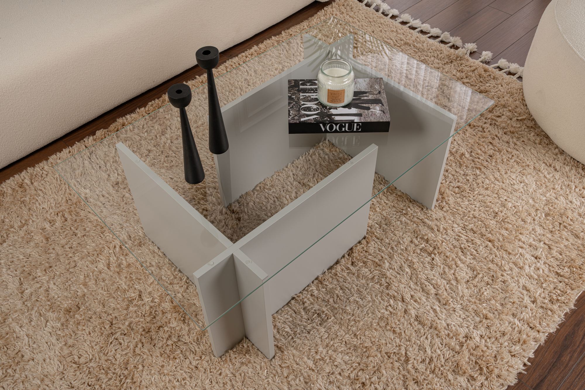 Masuta de cafea, Hanah Home, sticla calita, gri, 105x65x40 cm — imaginea 3