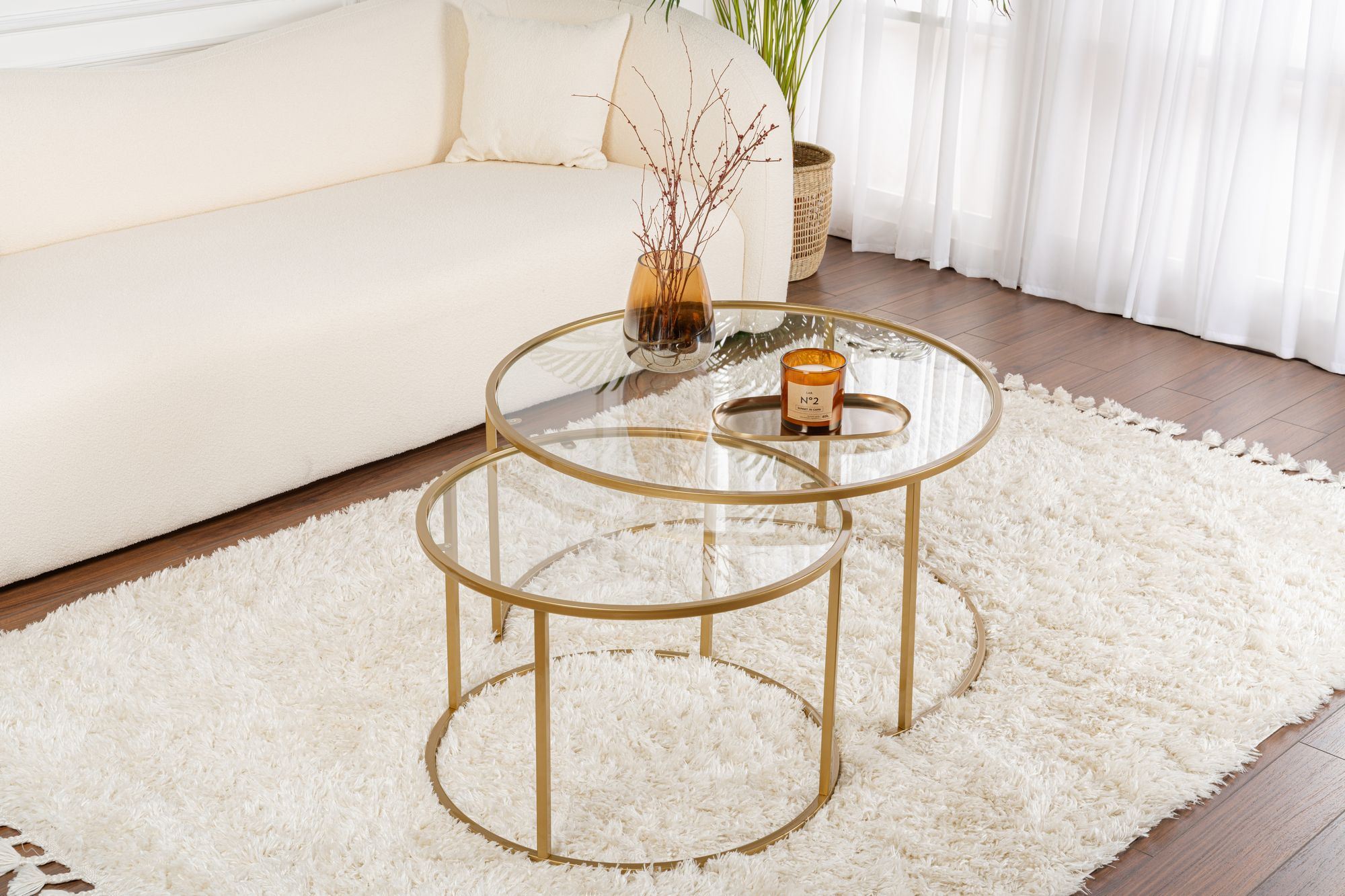 Set masute de cafea, Hanah Home, sticla securizata, metal, auriu, transparent, 80x80x43 cm si 60x60x39 cm — imaginea 2