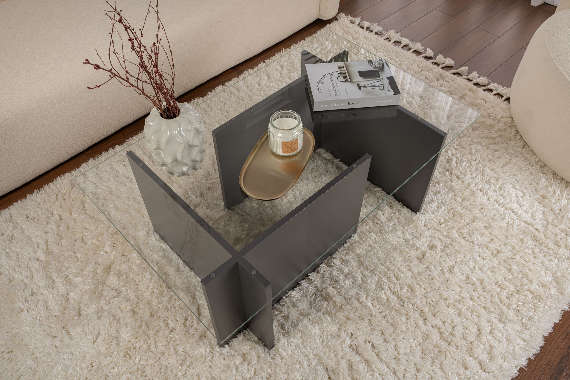 Masuta de cafea, Hanah Home, sticla temperata, antracit, 105x65x40 cm — imaginea 3