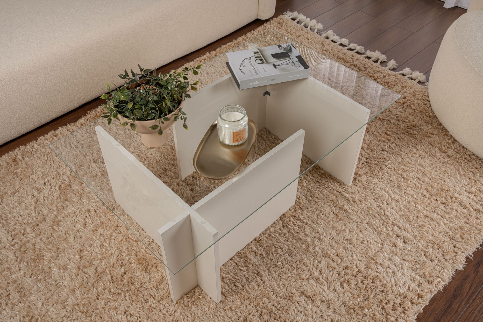 Masa de cafea, Hanah Home, sticla temperata si PAL melaminat, lemn alb, 105x65x40 cm — imaginea 3