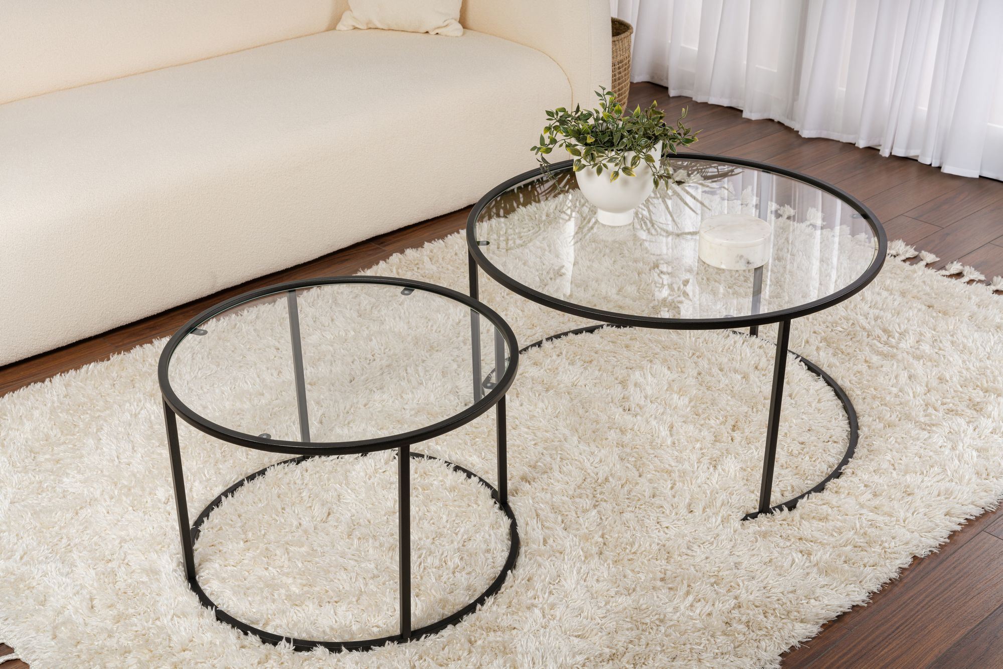Set masute de cafea, Hanah Home, sticla securizata si metal, negru si transparent, 80x43x80 cm si 60x39x60 cm — imaginea 4