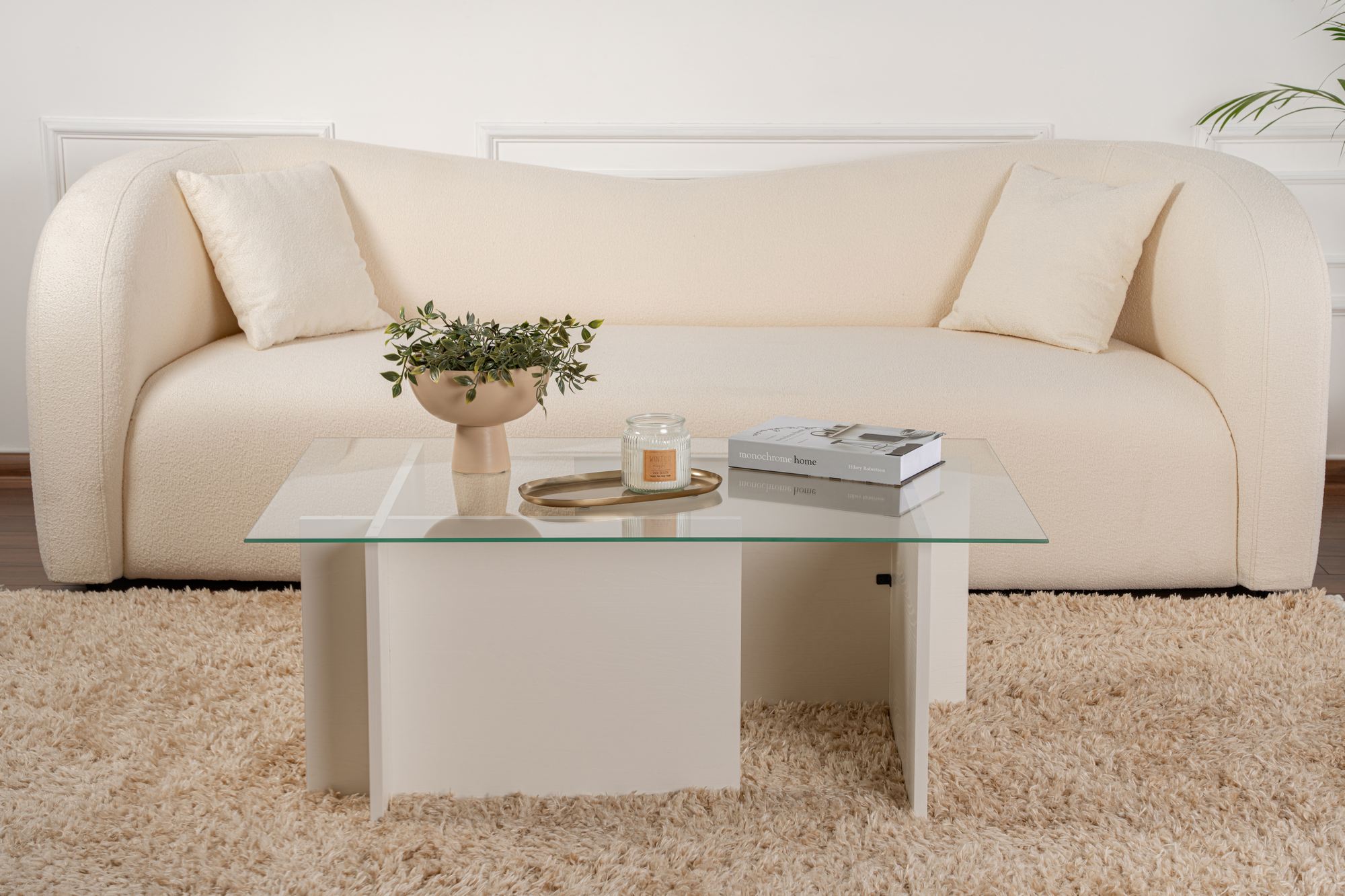 Masa de cafea, Hanah Home, sticla temperata si PAL melaminat, lemn alb, 105x65x40 cm — imaginea 4
