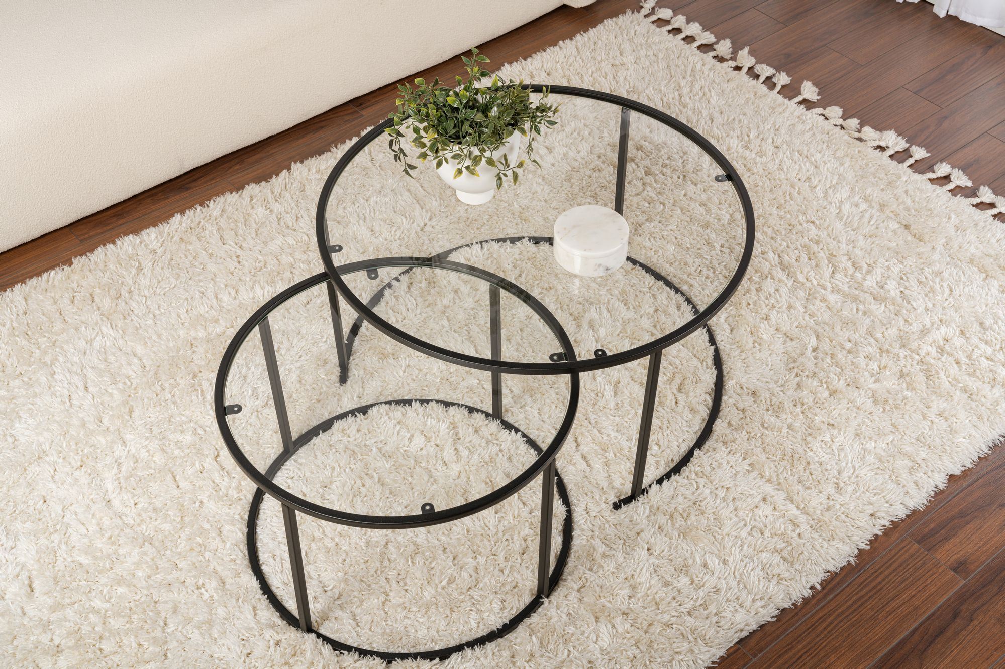 Set masute de cafea, Hanah Home, sticla securizata si metal, negru si transparent, 80x43x80 cm si 60x39x60 cm — imaginea 5