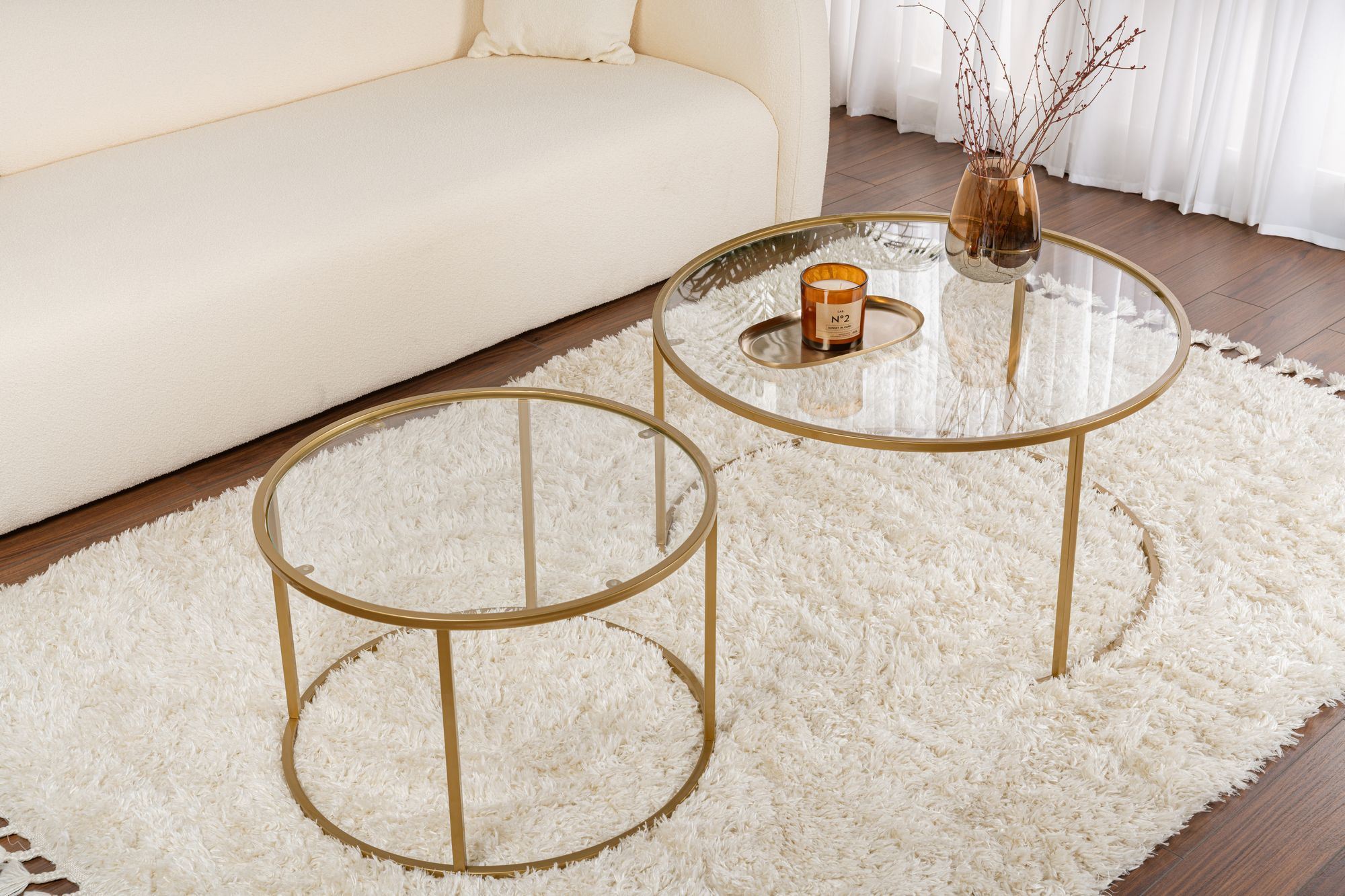 Set masute de cafea, Hanah Home, sticla securizata, metal, auriu, transparent, 80x80x43 cm si 60x60x39 cm — imaginea 4